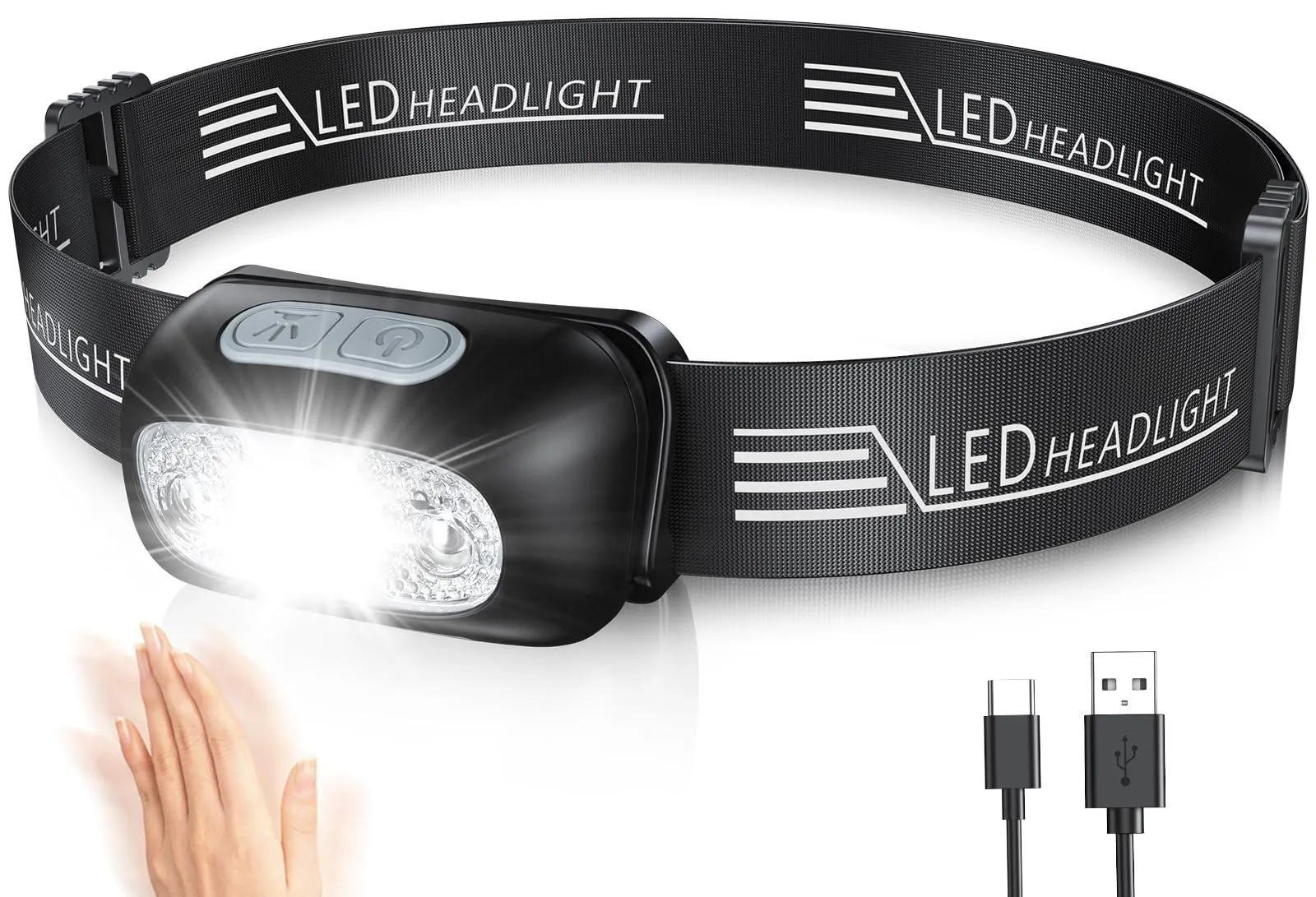 Glangeh Torcia Frontale, Lampada Frontale con Sensore Movimento, USB Ricaricabile, Batteria 1200mAh, IPX6 Impermeabile Torcia da Testa con 4 Modalità di Luce, Accessori per Lanterne da Campeggio/Pesca