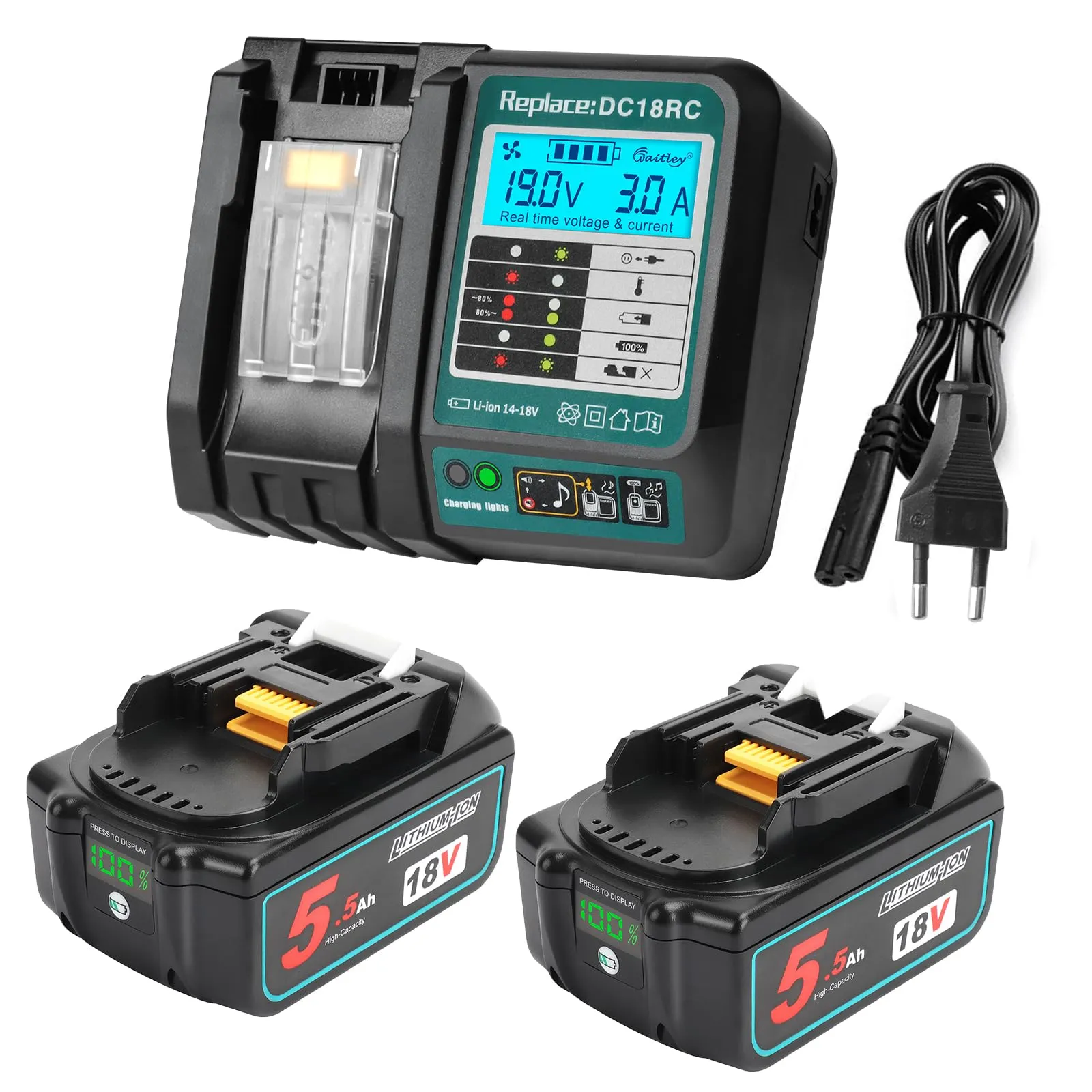 Powarobor 2x BL1850B 18V 5.5Ah Batteria di ricambio agli ioni di litio Compatibile con Makita 18Volt BL1830 BL1850 BL1860B con indicatore LED con kit caricabatterie