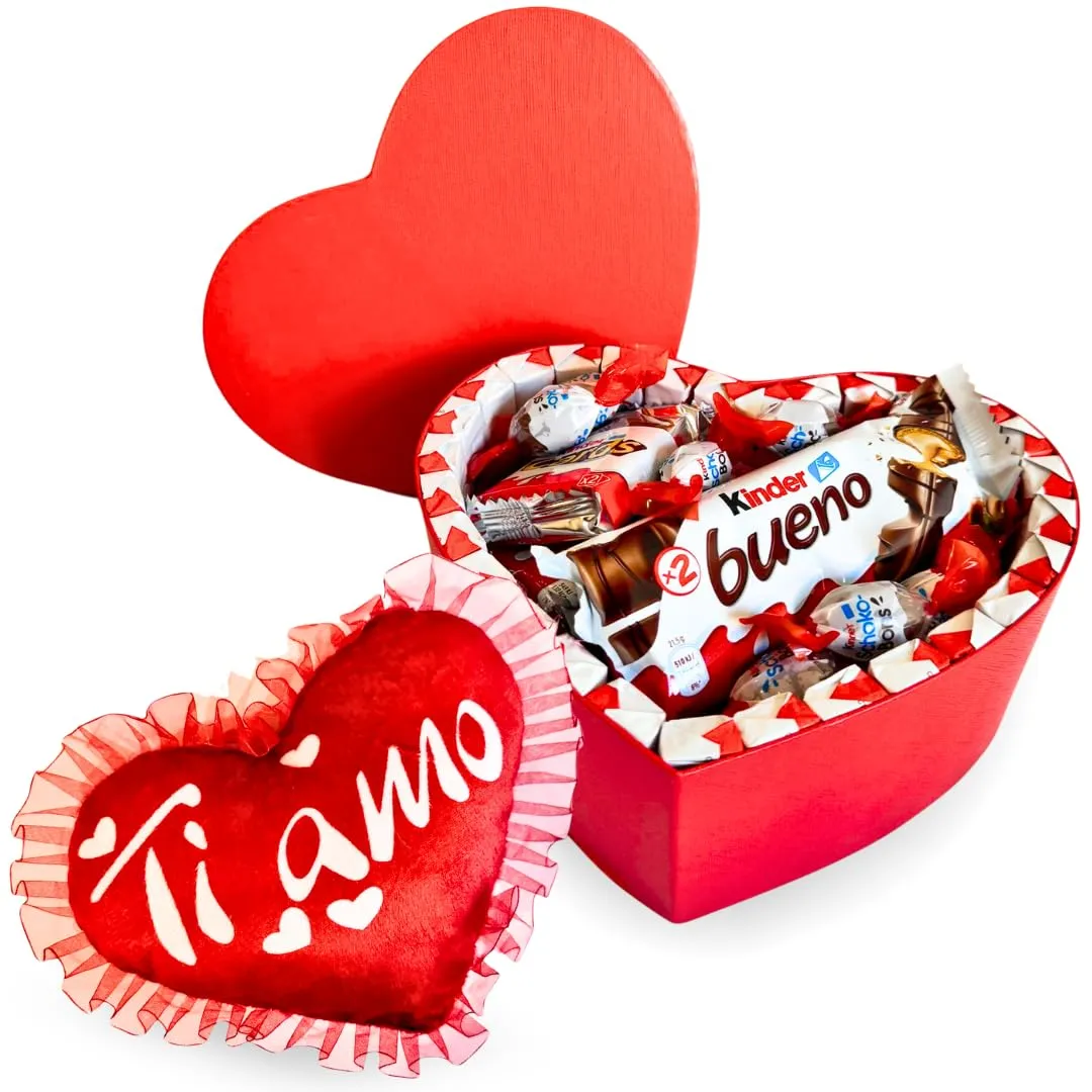 Idee Regalo San Valentino 2025 - Scatola Regalo a Cuore Rosso 20cm + Cioccolato Kinder + Cuscino a Cuore con Scritta - Regalo Uomo e Donna