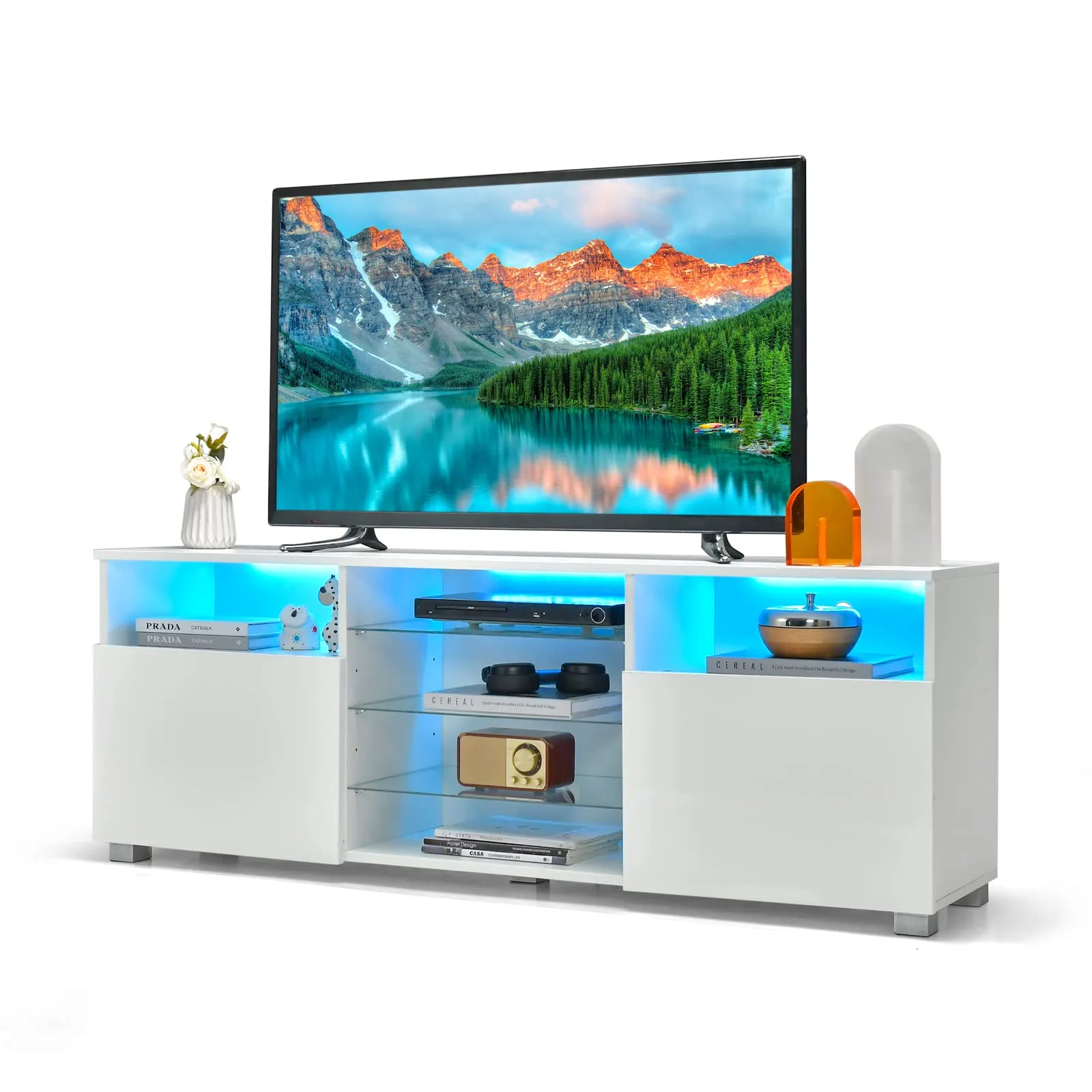 COSTWAY Mobile Porta TV con Luci, Mobile TV per Televisione Fino a 65", Tavolino Multifunzionale da Soggiorno, con Ripiani in Vetro Regolabili, Mobiletto Porta TV a 2 Porte, 146 x 35 x 53 cm