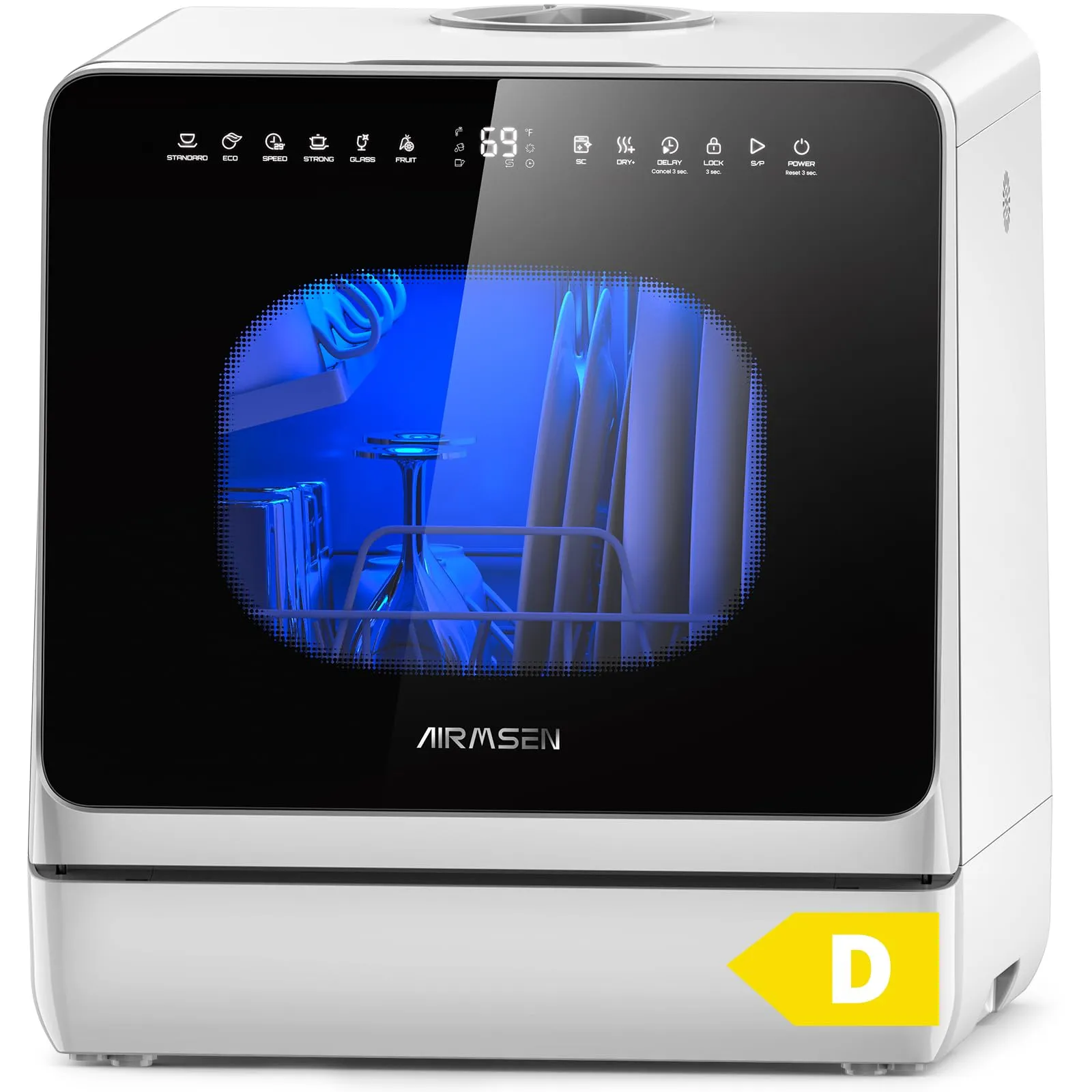 AIRMSEN Mini Lavastoviglie da Tavolo, lavastoviglie portatile da 5L, 8+3 Programmi, Avvio Ritardato 1–18 h, Sistema di Addolcimento e Blocco Bambini