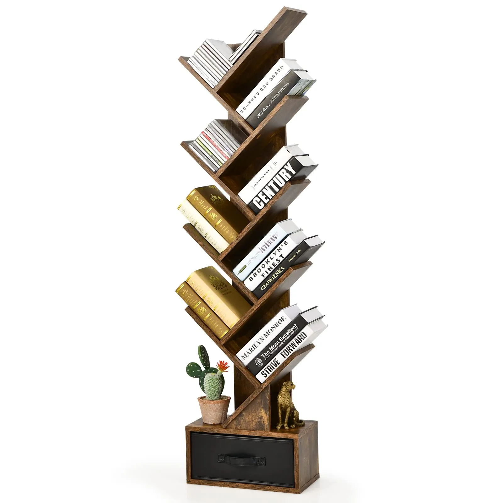 COSTWAY Libreria ad Albero in Legno, Scaffale a 10 Ripiani con Cassetto, Portaoggetti Autoportante per Soggiorno, Studio e Ufficio, 38 x 20 x 150 cm (Bianco)