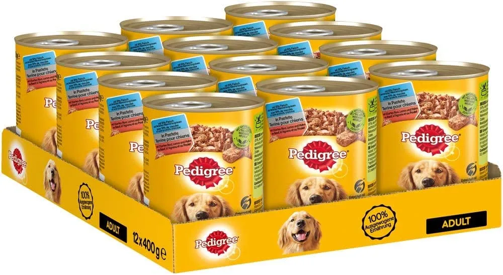 Pedigree Barattolo con 3 varietà: manzo, agnello e pollo 12 x 400 g, cibo per cani, cibo umido, cibo in scatola