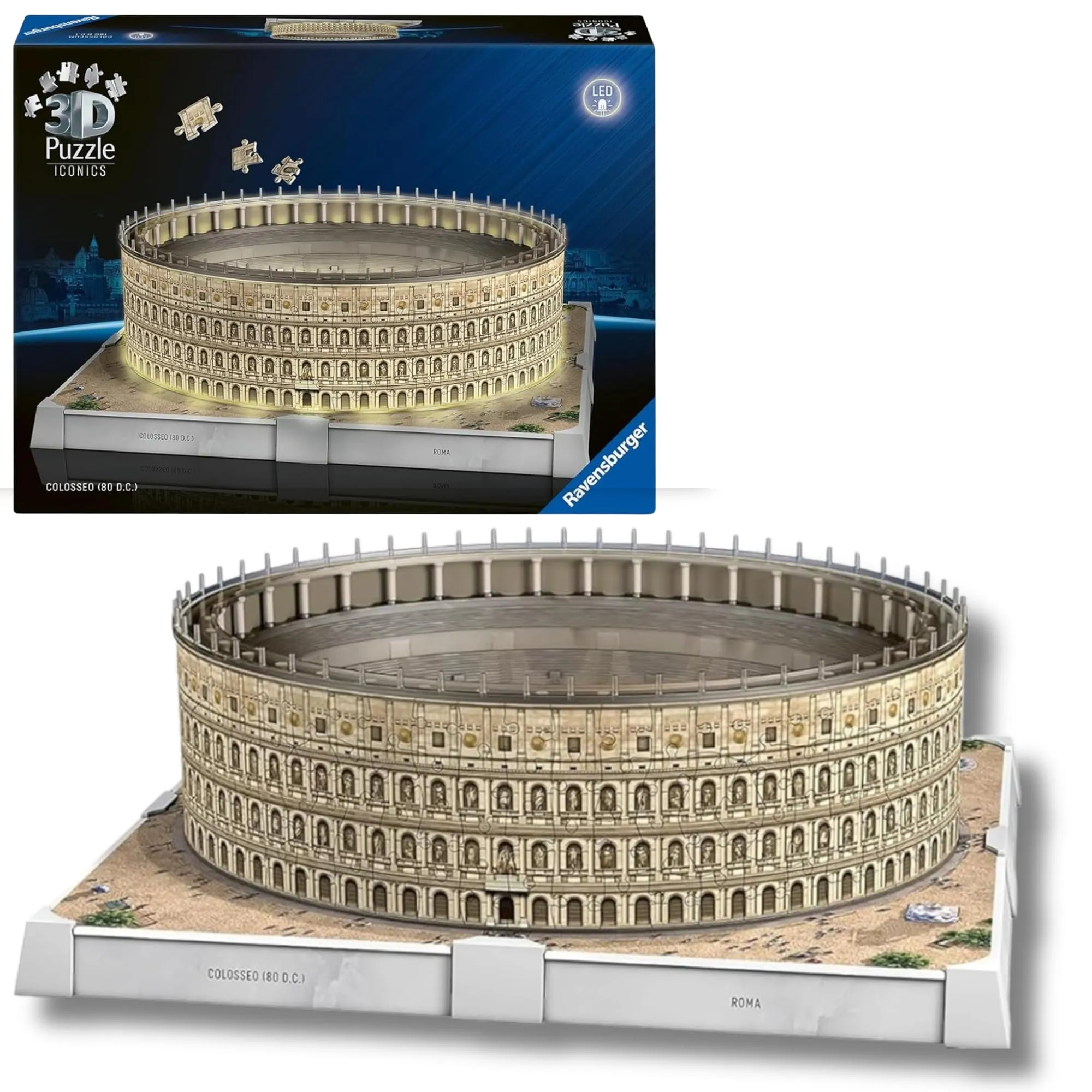 Ravensburger - Puzzle 3d Iconics Colosseo LED | Puzzle 3d Per Adulti E Bambini A Partire Dagli 8 Anni | Modellismo Da Costruire Adulti Di 216 Pezzi | Regalo Bambino 8 Anni E Più