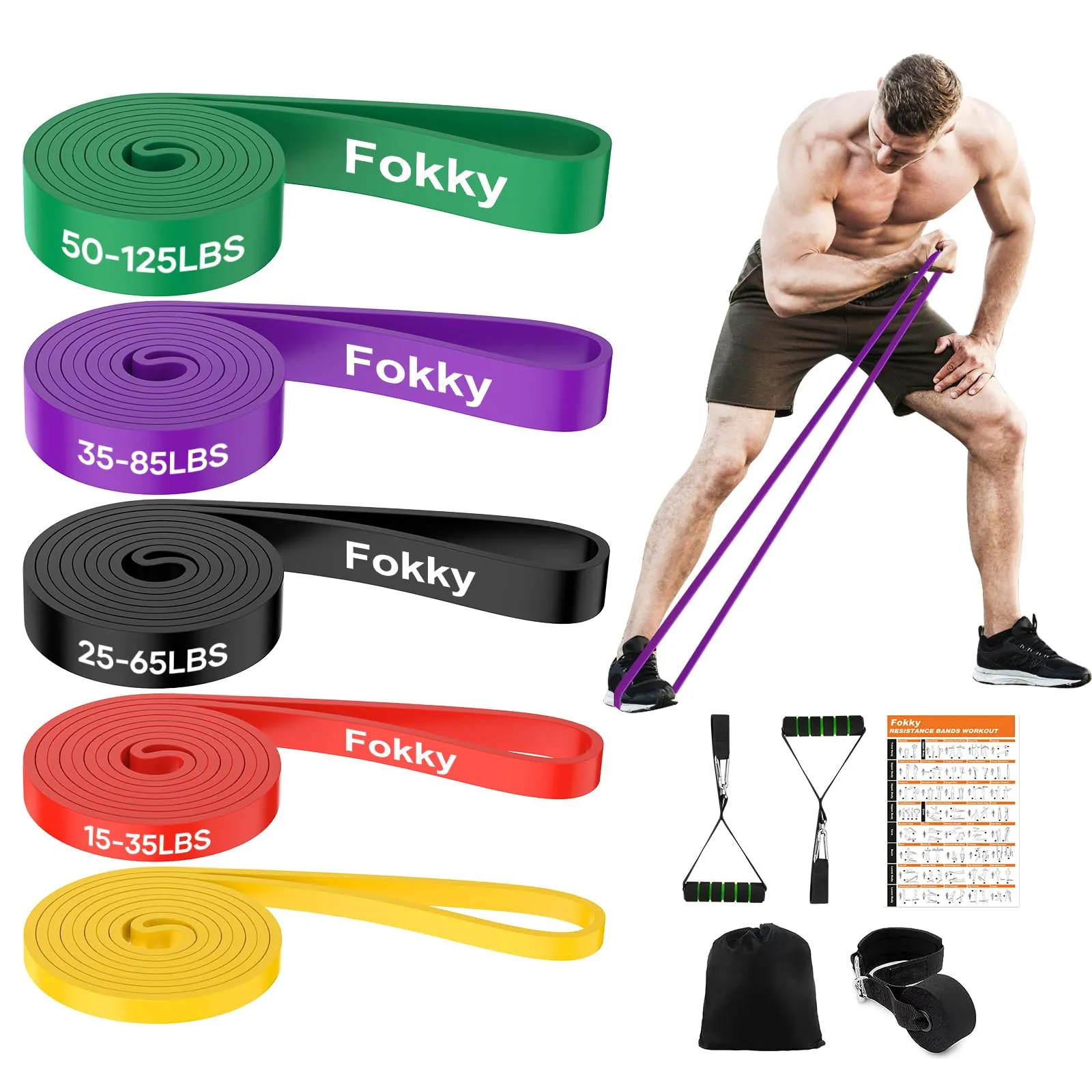 Fokky 5 Livelli di Resistenza Elastici Fitness，Elastico Fitness di Resistenza per Trazioni,Bande Elastiche Fitness con Ancoraggio Porta, Maniglie e Cover Protettiva,Fascia Elastica Fitness