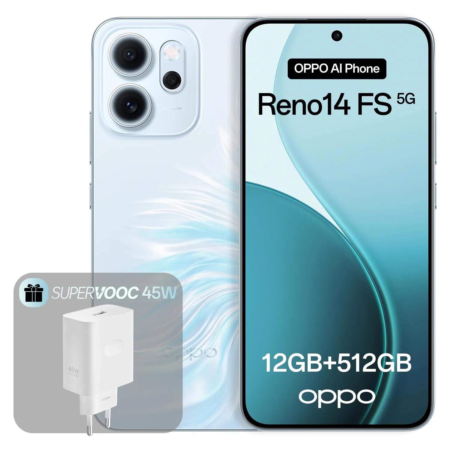 OPPO Reno14 FS 5G 12+512GB, Smartphone Android Sbloccato AI, Display 6,57" 120Hz AMOLED, Fotocamera AI 50+32MP, Batteria 6000mAh,IP69, Opal Blue (Include Caricatore 45W SUPERVOOC)