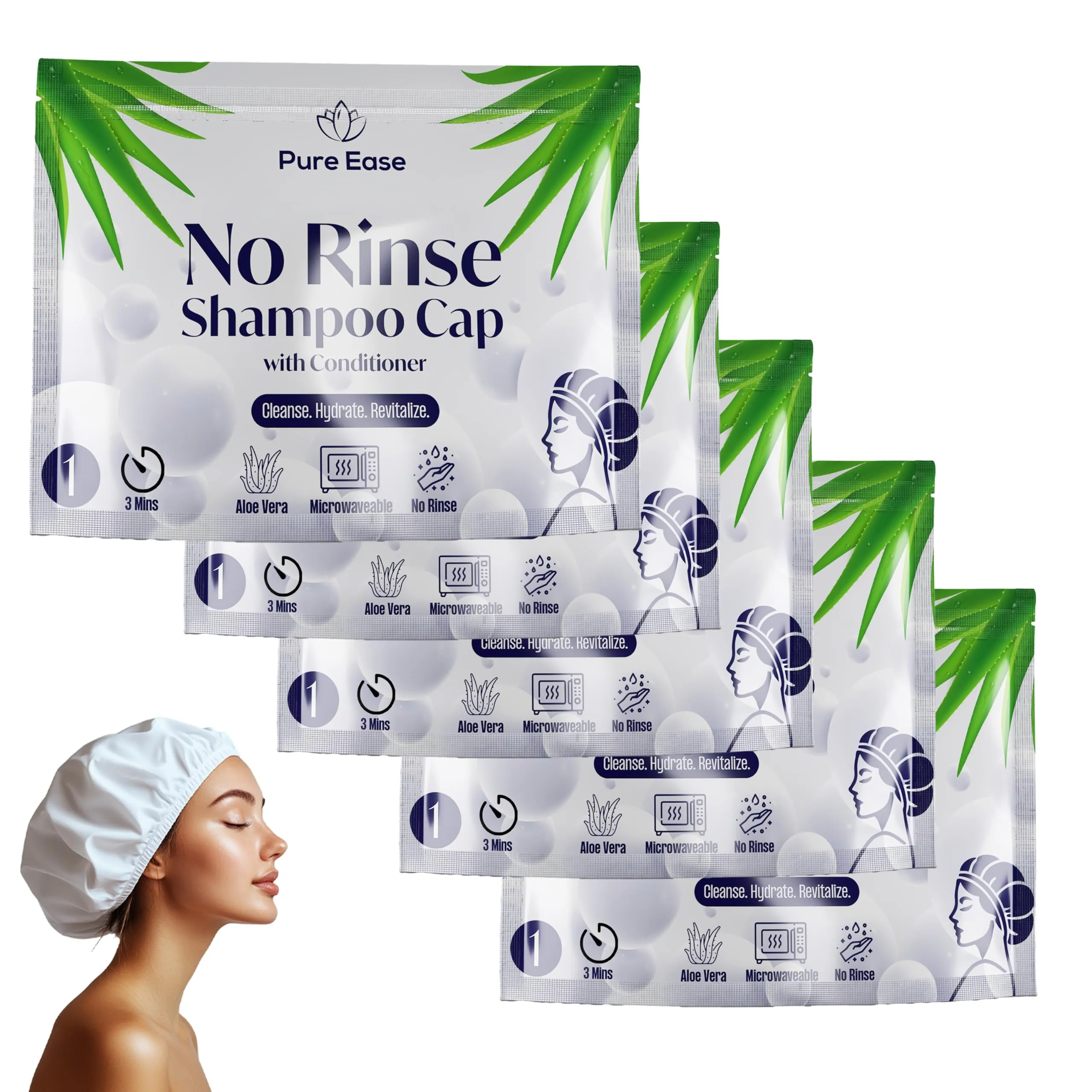 Pure Ease Cuffia Shampoo per Allettati - Lavaggio Capelli per Disabili con Salviette Capelli, Ideale per Anziani e Persone Allettate, Formula Delicata, Perfetta per Strutture Sanitarie (Pack of 5)