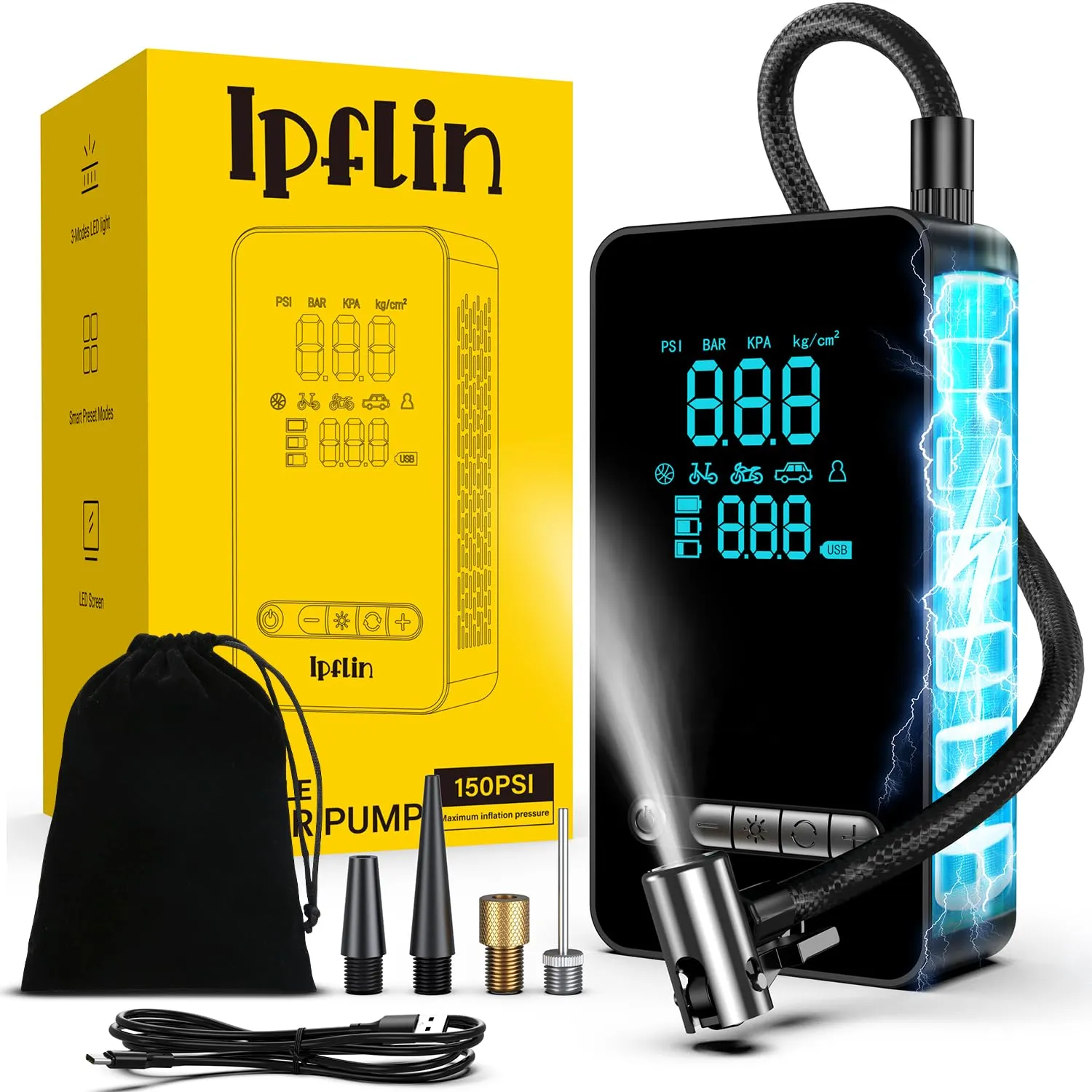 Ipflin Compressore Aria Portatile 150PSI - Compressore Portatile Tutto-in-Uno e Gonfiatore Elettrico Portatile con Display LCD, USB & Type-C per Auto, Moto, Bici e Palla