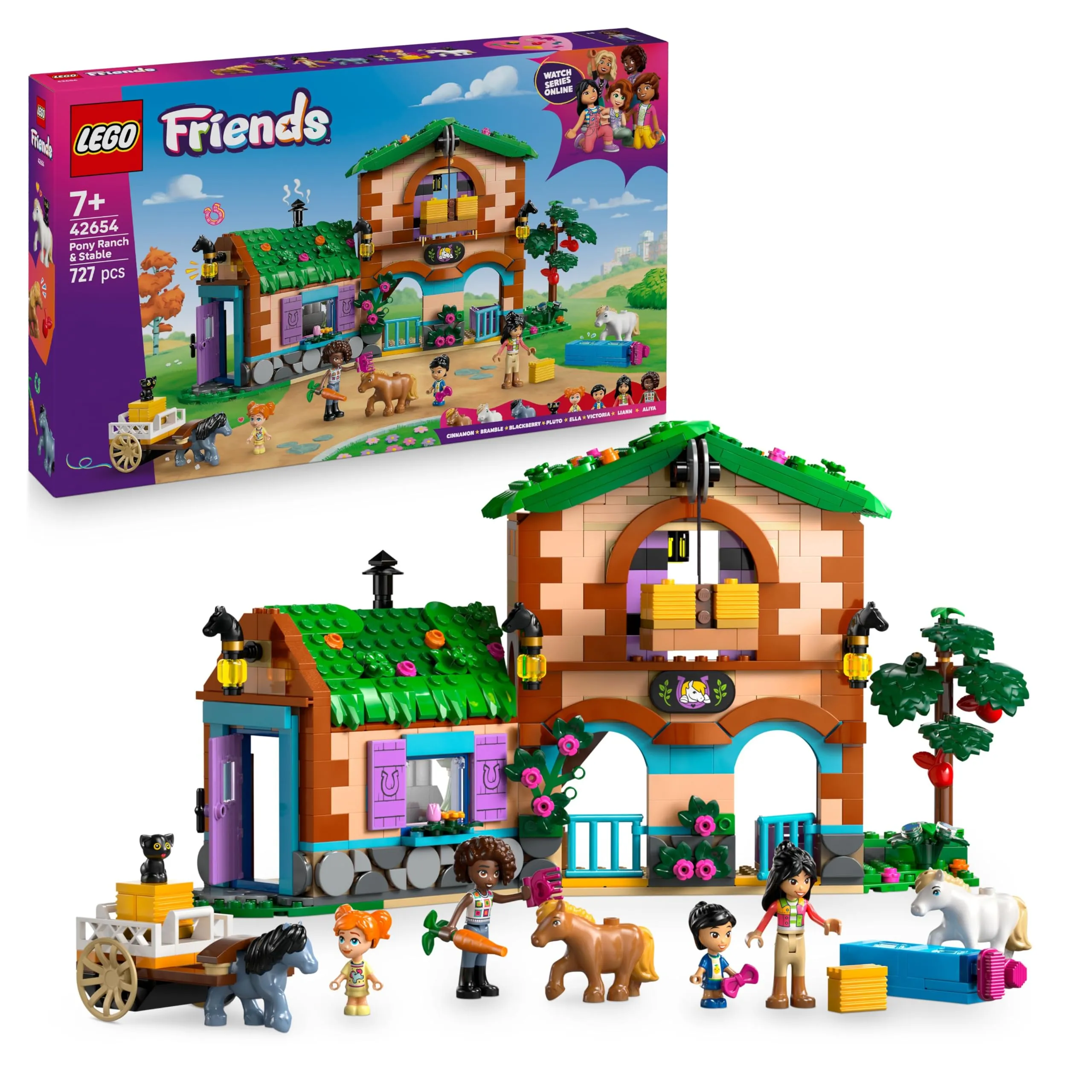 LEGO Friends Ranch e Scuderia dei Pony Giocattolo - con 3 Figure di Cavalli, 4 Mini Bamboline, Gatto e Divertenti Accessori per Animali Domestici - Idea Regalo Creativa per Bambine da 7 Anni - 42654