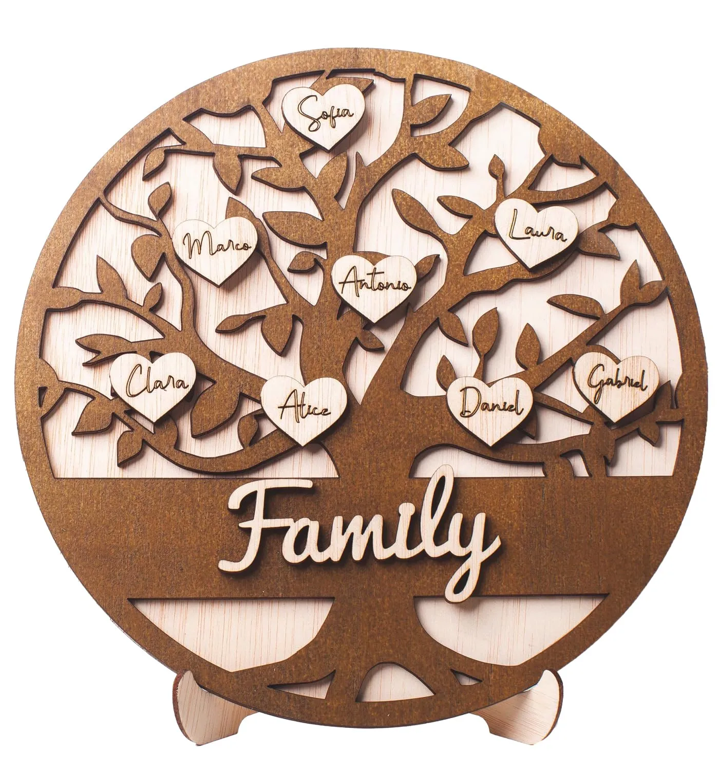 Albero della Vita Personalizzato Albero genealogico Decorazione in Legno Nome Ideale per Regalare e Decorare Un Ricordo per Tutta la Vita Olesea Decorazione di Legno (Rotondo + Cuori)