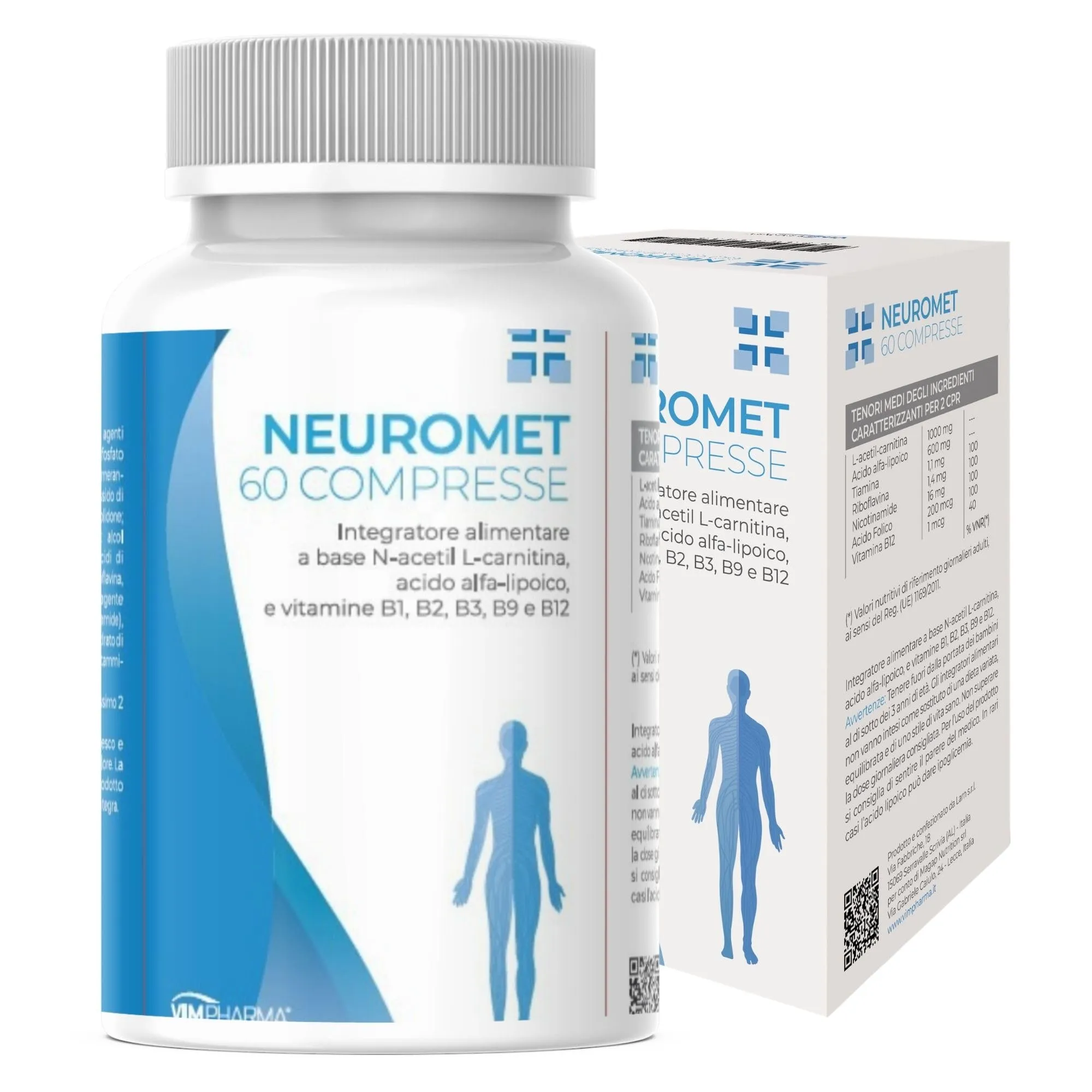 VIMPHARMA Integratore di Acetil l Carnitina Acido Alfa Lipoico Niacina NEUROMET Vegano Naturale Efficace per benessere Sistema Nervoso Stanchezza 60 Cpr Made in Italy