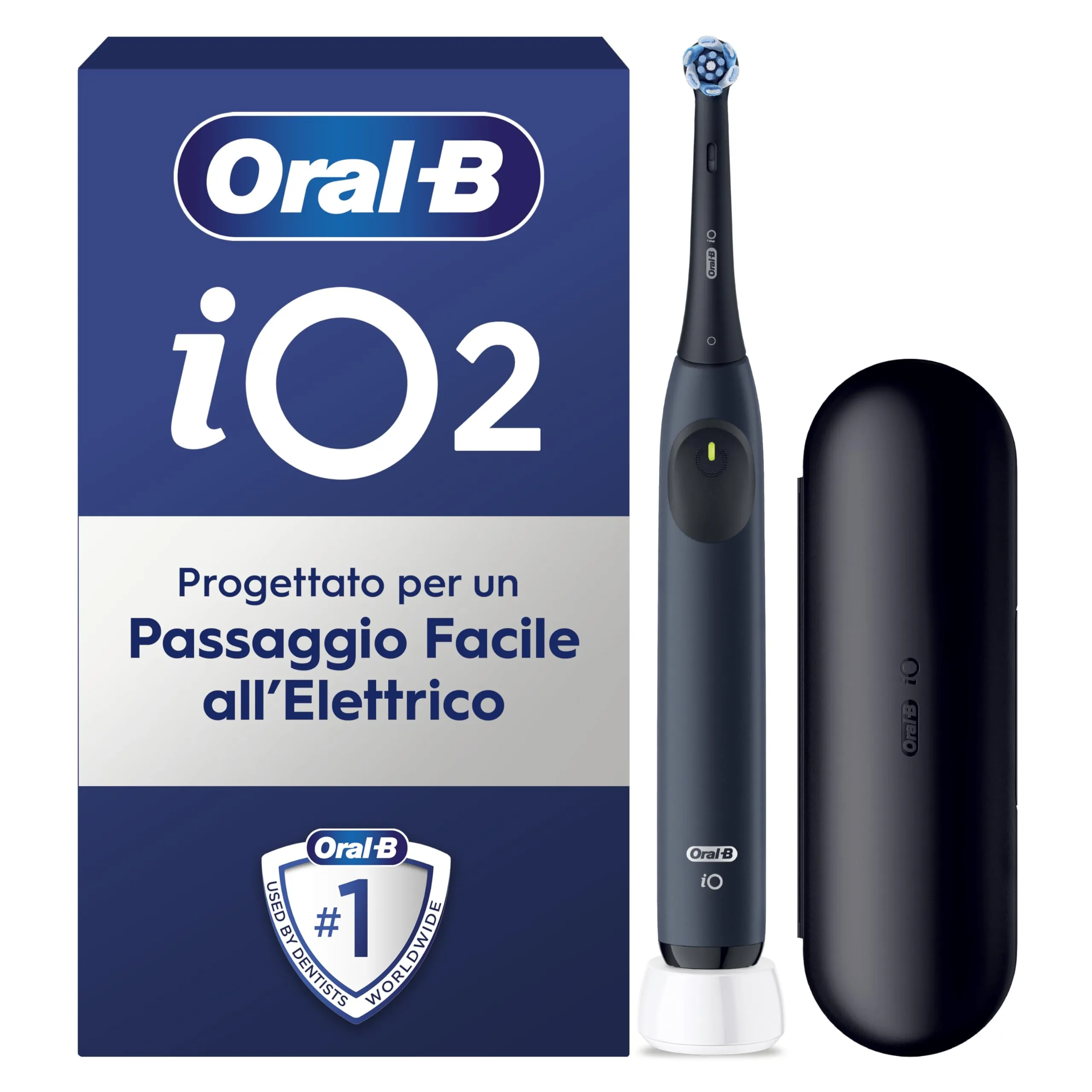 Oral-B iO 2 Spazzolino Elettrico Oral B, Blu, 1 Testina Di Ricambio, 1 Custodia Da Viaggio, Spazzolino, Delicato sulle Gengive, Efficace sulla placca, Sensore di Pressione