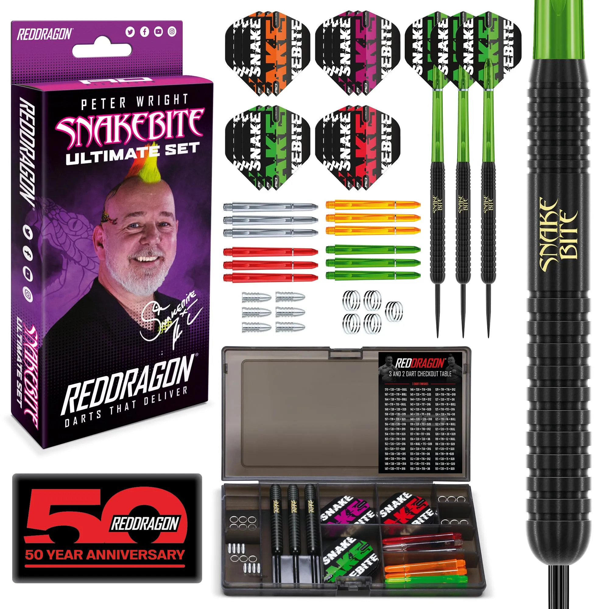 RED DRAGON Peter Wright Snakebite Ultimate 50 Piece Darts And Accessory Set - Set di Freccette da 22 Grammi
