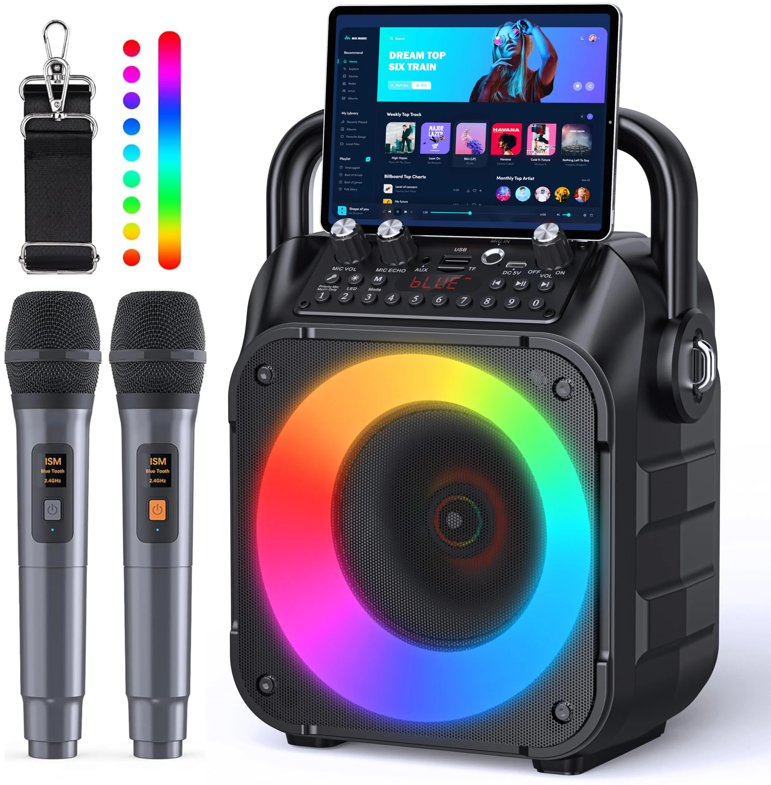 Singingmate macchina karaoke, altoparlante portatile Bluetooth per adulti con 2 microfoni senza fili, sistema PA per adulti e bambini con luci LED per feste (Nero)