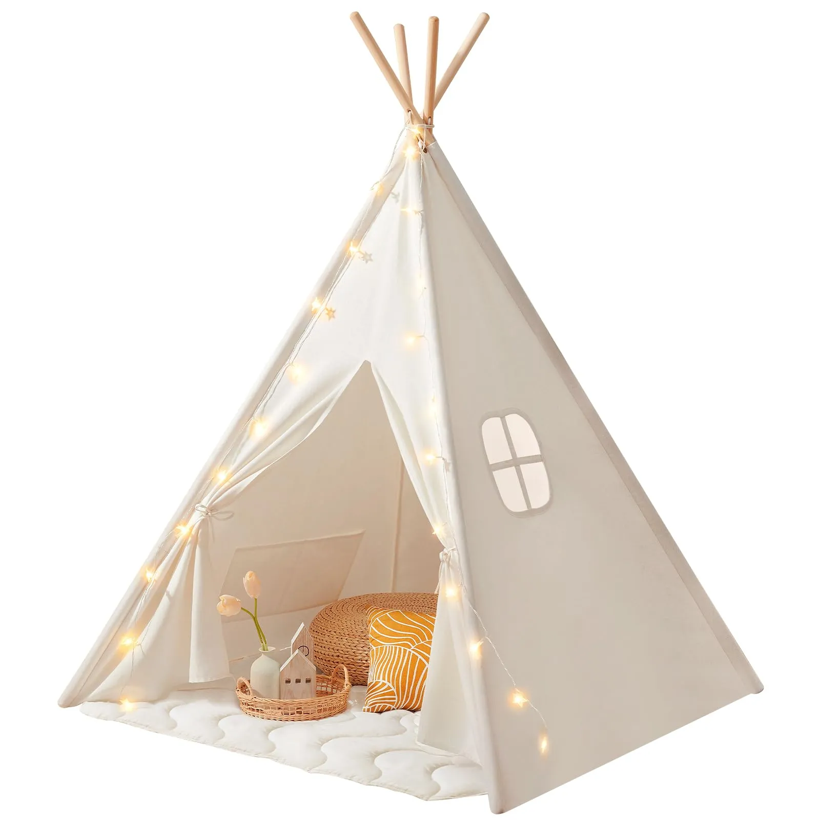 Tiny Land Tenda per Bambini, Tenda Gioco Bambini con Coperta & Fata Luci & Borsa di tela- Tende Indiana Bambini per 3 4 5 6 7 anni Bambina & Ragazzi, Tipi, Teepee