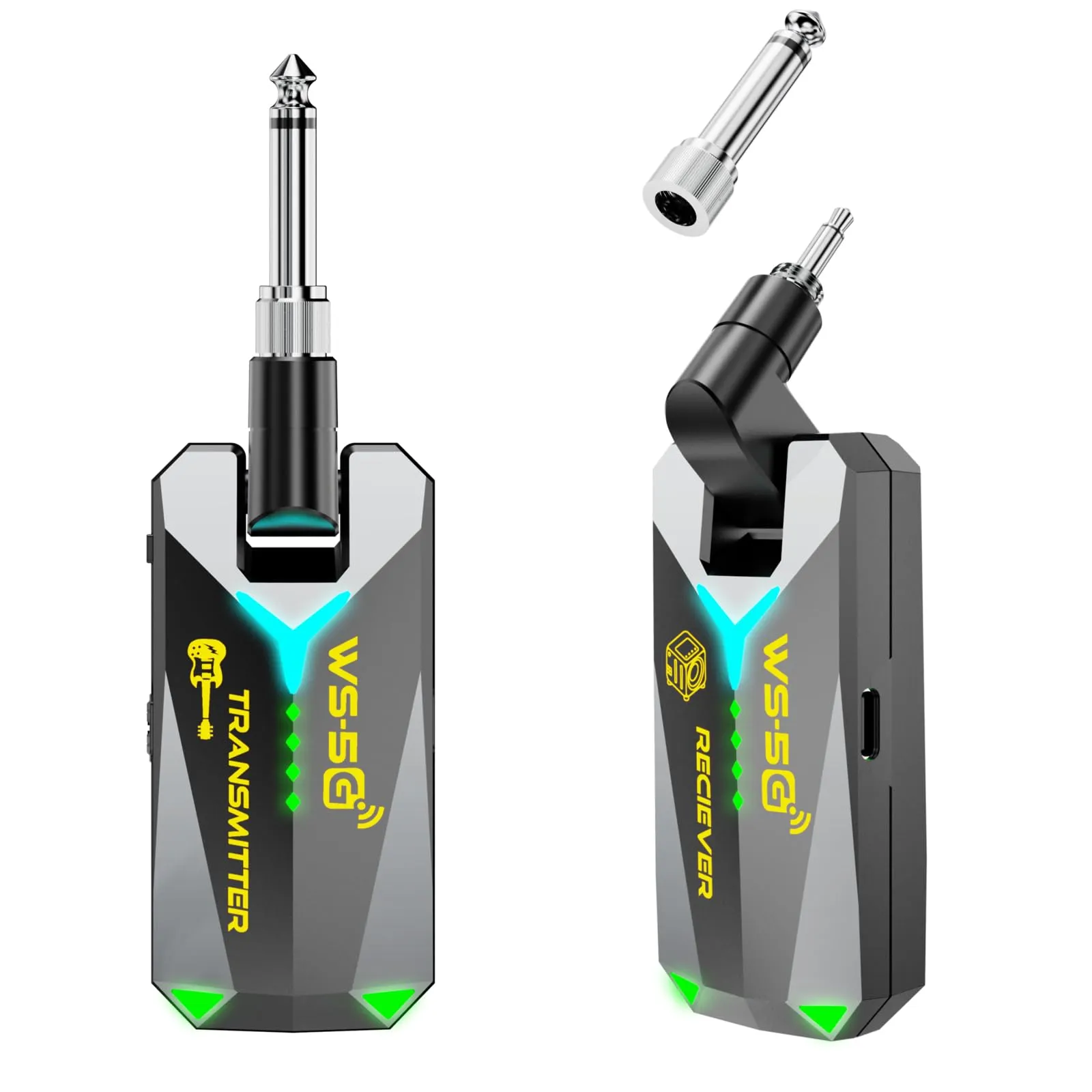 Sistema di chitarra senza fili, 2,4 GHz, 8 canali, trasmettitore audio ricaricabile senza fili, ricevitore per chitarra elettrica, bassi e strumenti a fiato elettrici, trasmissione in tempo reale 48 K