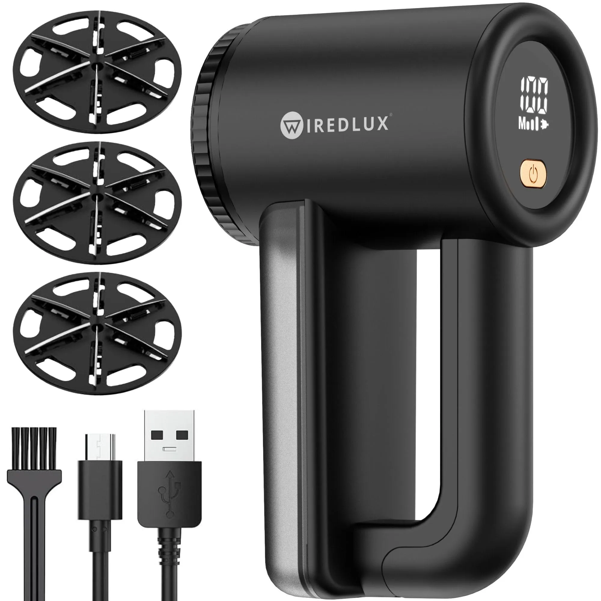 Levapelucchi Elettrico WiredLux - Levapelucchi Ricaricabile per Vestiti e Mobili - 3 Velocità Regolabili, Spazzola a 6 Lame, Display a LED, Ricarica USB (Nero)