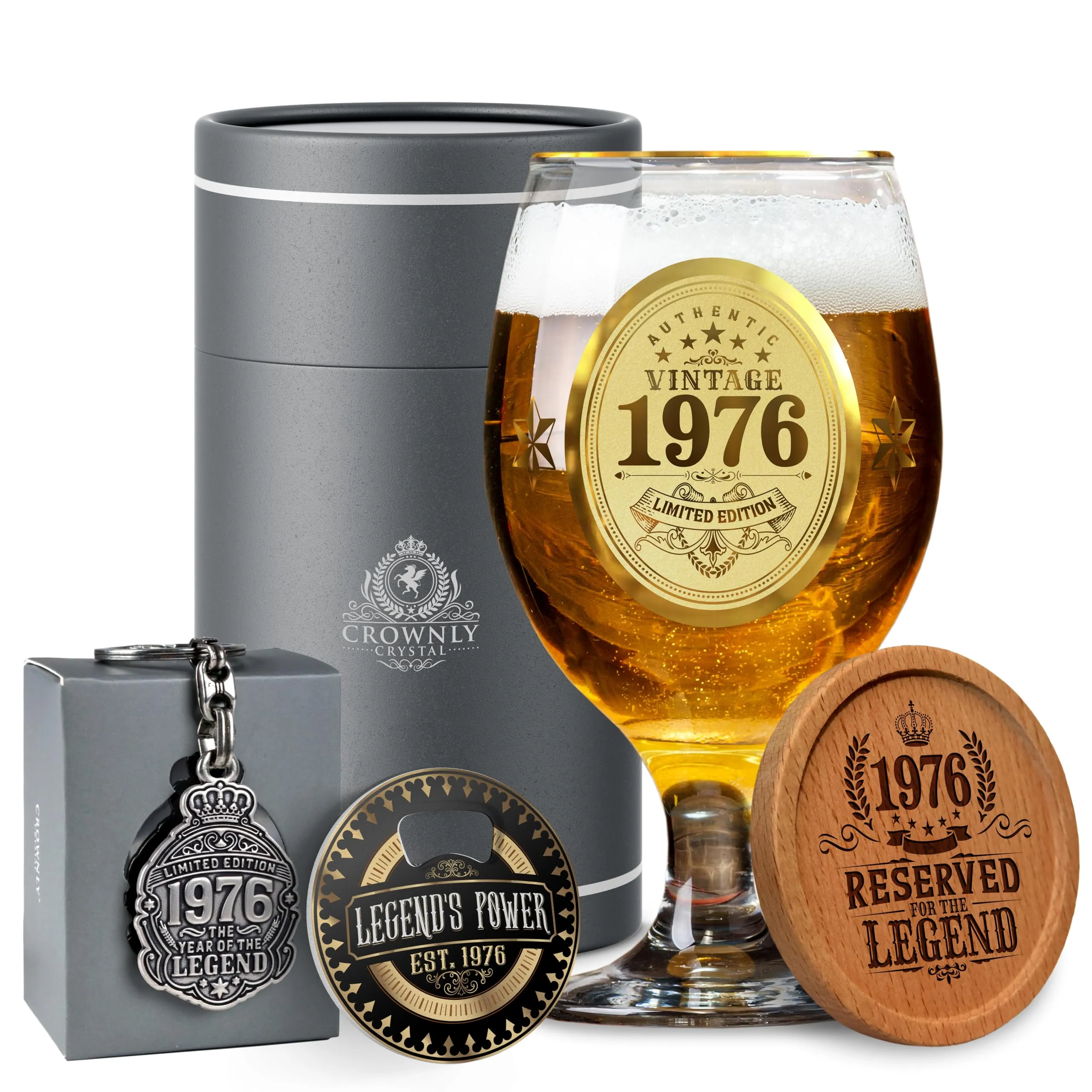 CROWNLY CRYSTAL® 1976 Regalo Uomo 50 Anni | Bicchiere Birra Personalizzato Compleanno Collega o Amico