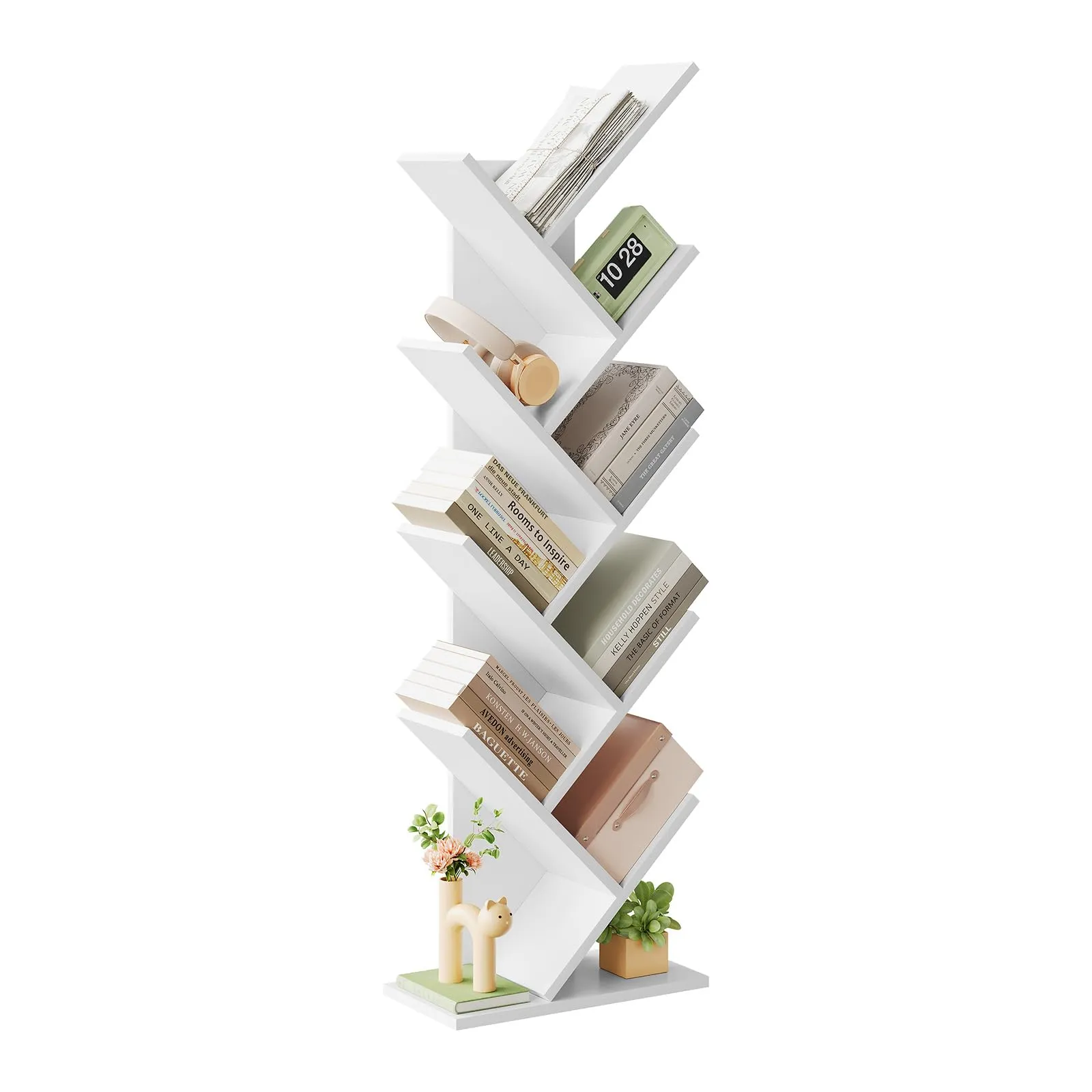 EUGAD Libreria ad Albero Moderna Scaffale Salvaspazio a 9 Ripiani in Legno Porta Libri per Soggiorno Camera Studio Bianco, 40x20x127cm,0011SHG
