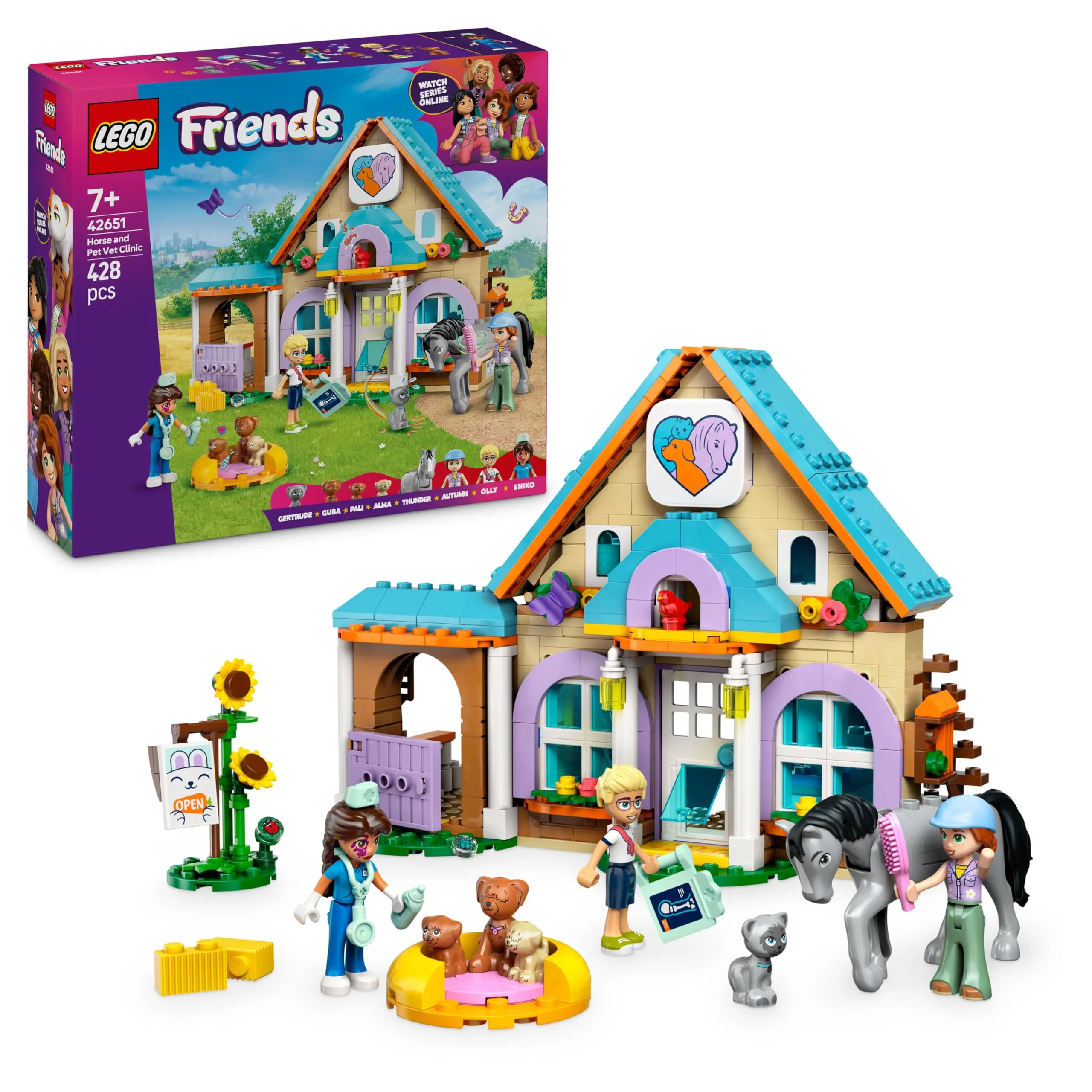 LEGO Friends Cavallo e Clinica Veterinaria Giocattolo per Animali Domestici - con Cavallo, Gatto, 3 Cani, 3 Mini Bamboline, Stalla e Accessori - Regalo di Compleanno per Bambine da 6 Anni - 42651