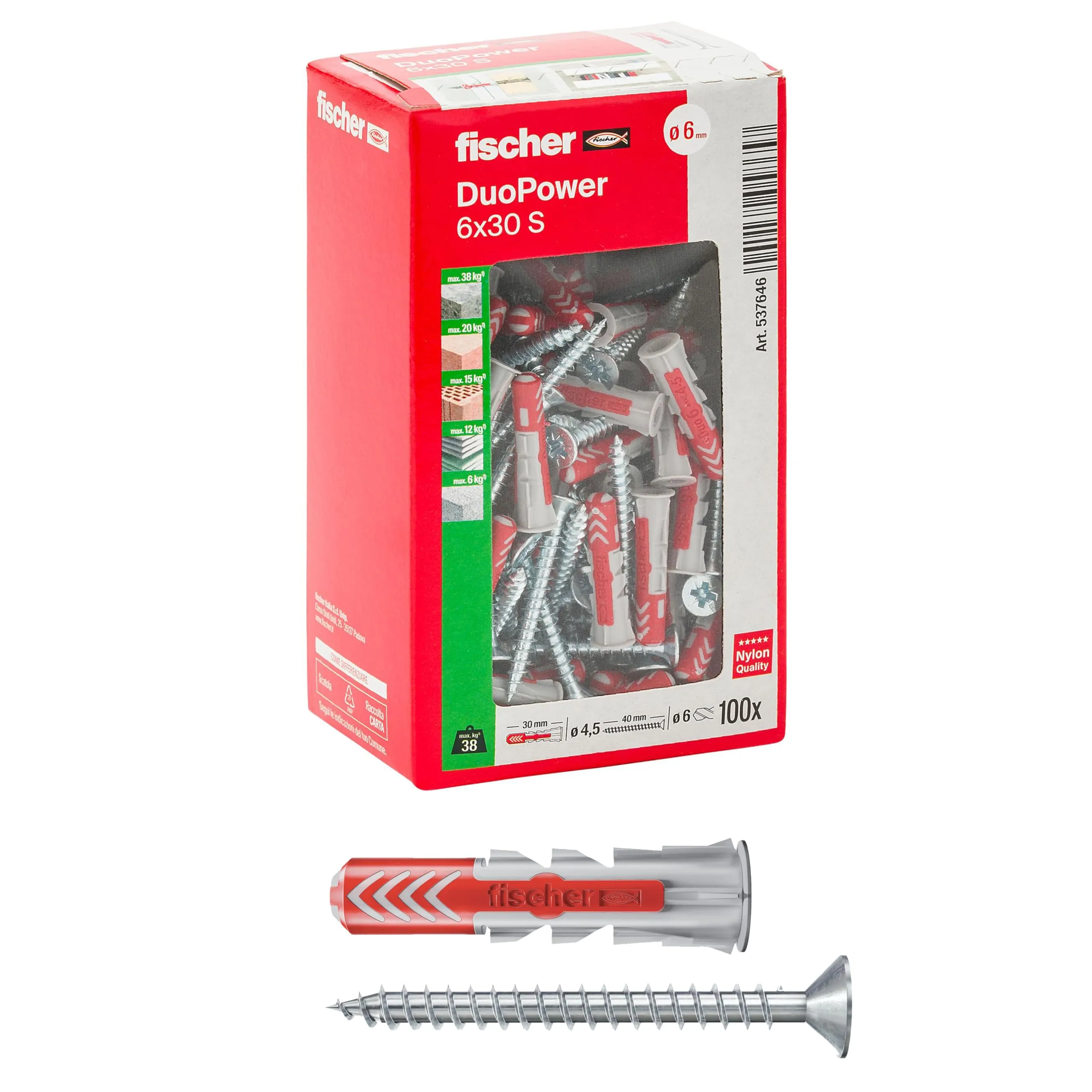 Fischer 100x Tasselli con Vite DuoPower 6x30 mm, per Muro pieno, Mattone Forato, Cartongesso, 537646