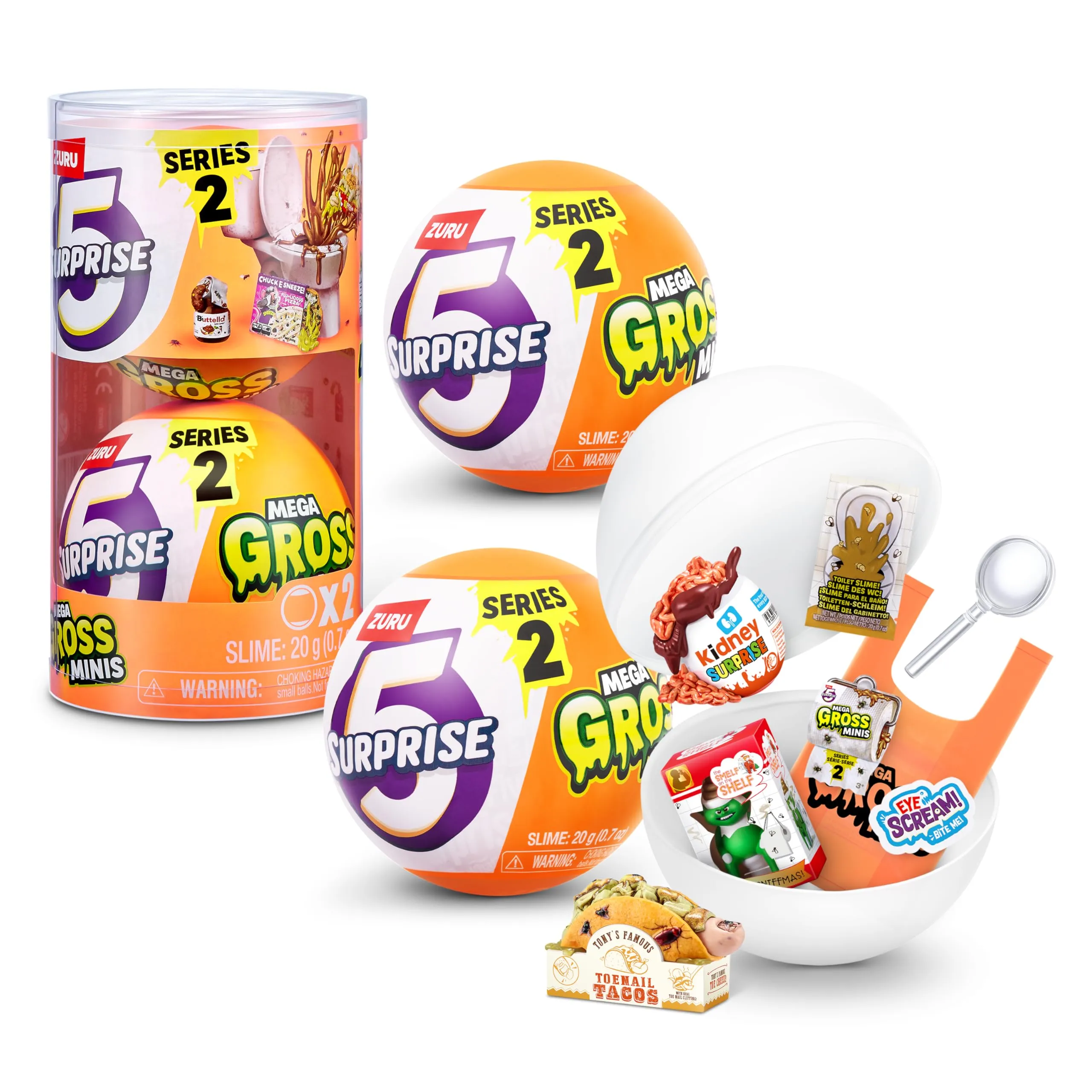 5 SURPRISE Mega Gross Minis Serie 2 di ZURU, mistero, da collezionare, mini, parodia, slime, 2 Capsules