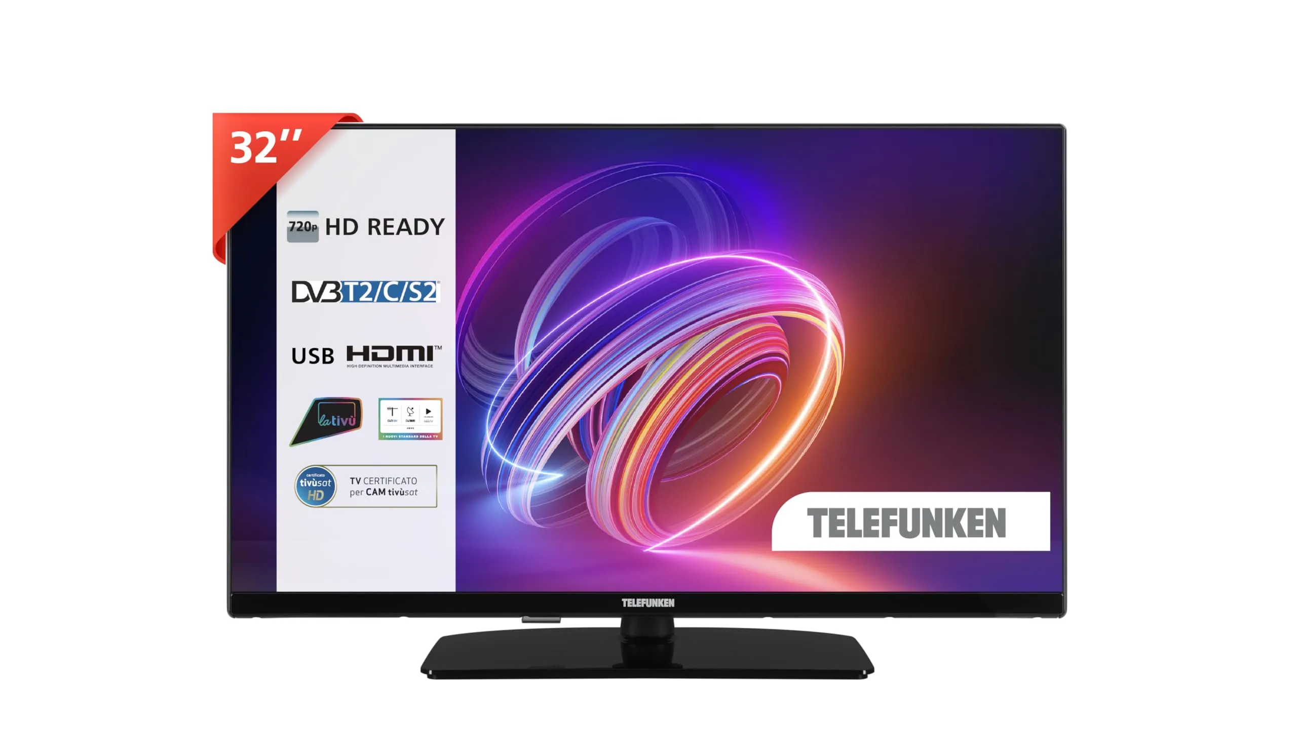 TELEFUNKEN TV 32" HD Ready 32TENSHDZ, TV LED 32 Pollici, Digitale DVB-T2/C/S2, USB, HDMI, uscita audio digitale, Hotel Mode, 2024