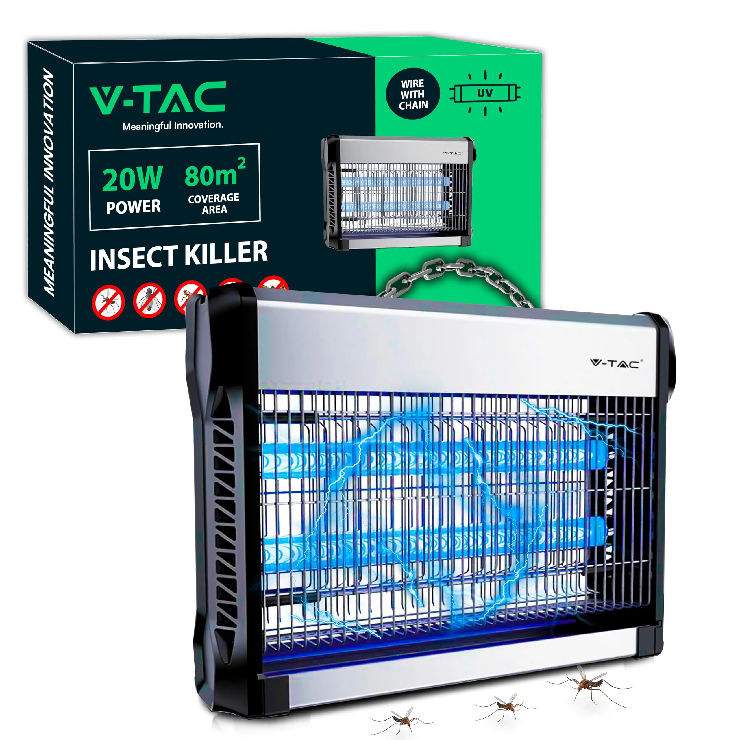 V-TAC 11180-A Zanzariera Elettrica 20W con Area di Azione 80 m², con Luce Blu UV per Uso Interno ed Esterno, Alluminio