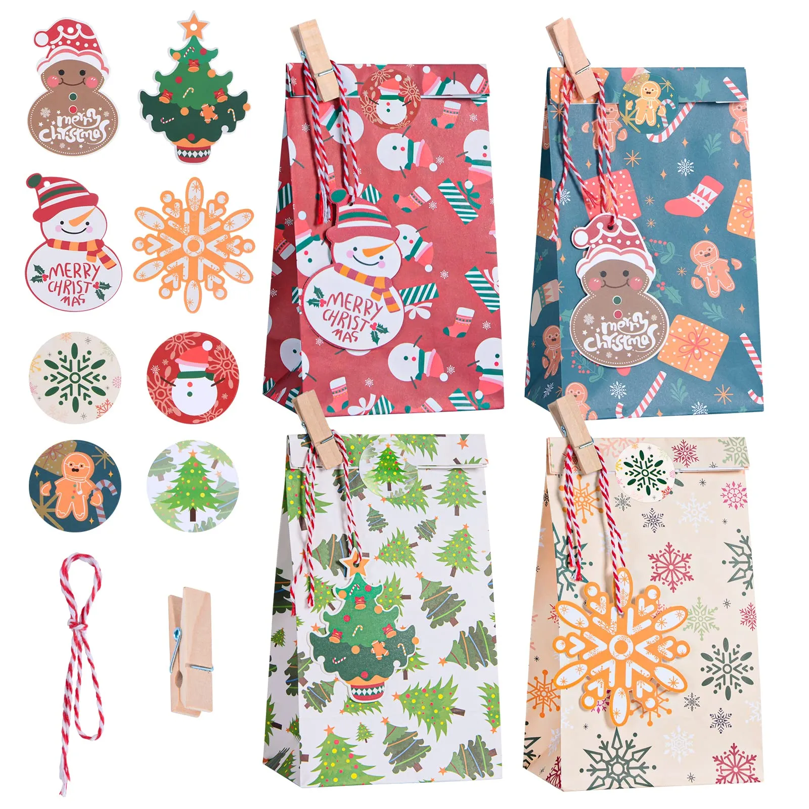 Gintan Sacchetti Regalo Natale 24 Pezzi-4 Stili 6 pz, 24 Piccole Cartoline di Natale e 24 Clip per Calendario dell'Avvento Compleanno Festa di Nozze