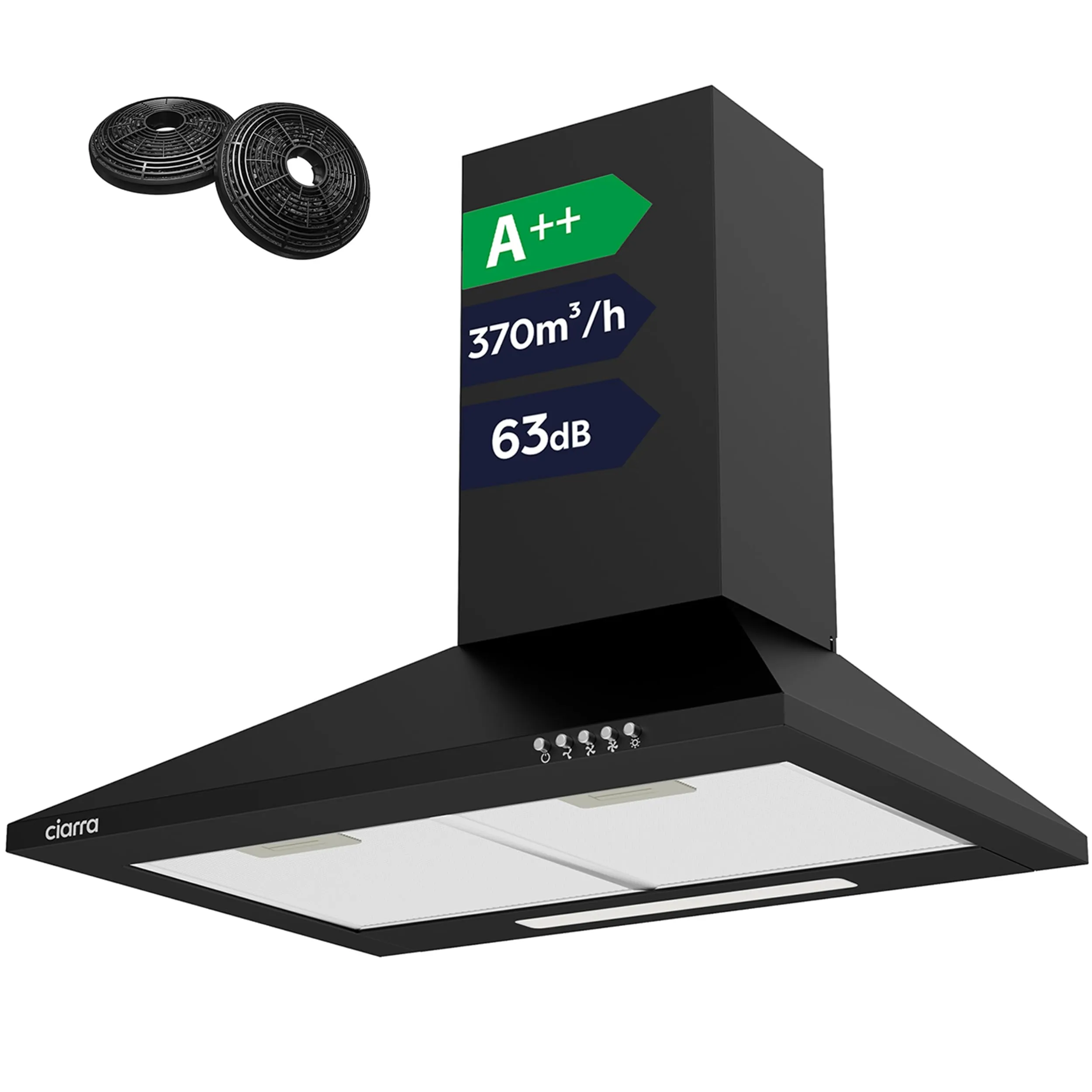 CIARRA Classe A Cappa Aspirante 60 cm CBCB6201 370 m³/h Cappa da Cucina in Acciaio INOX 3 livelli di potenza illuminazione a LED- Filtro carbone CBCF002X2(Nero)