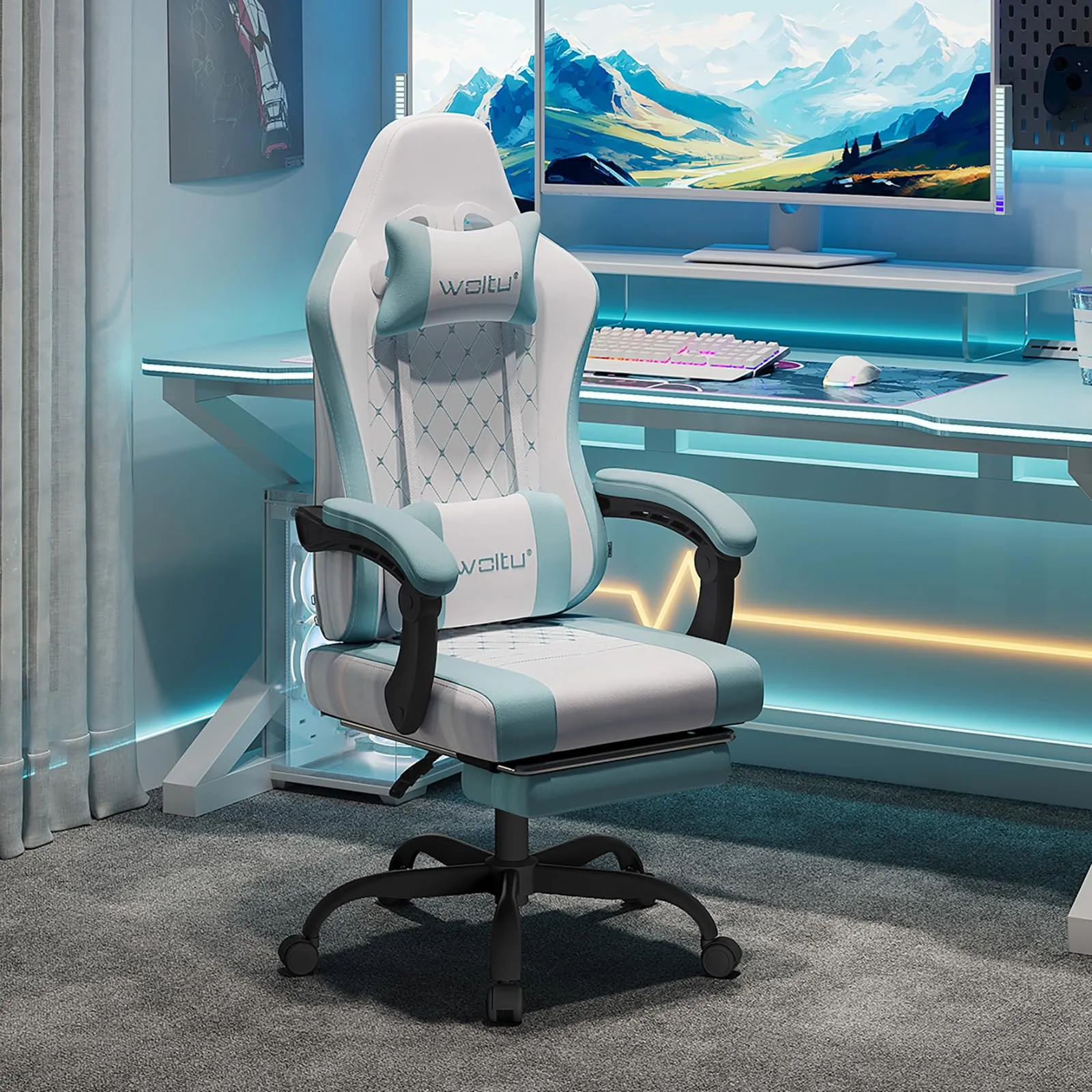 WOLTU Sedia da Gioco con Massaggio, Sedia da Ufficio Ergonomica, Ampia Sedia Girevole Imbottita per Computer con Cuscino Lombare Massaggiante, Carico 150 Kg, Tessuto Tecnologico/tessuto a rete, #3515