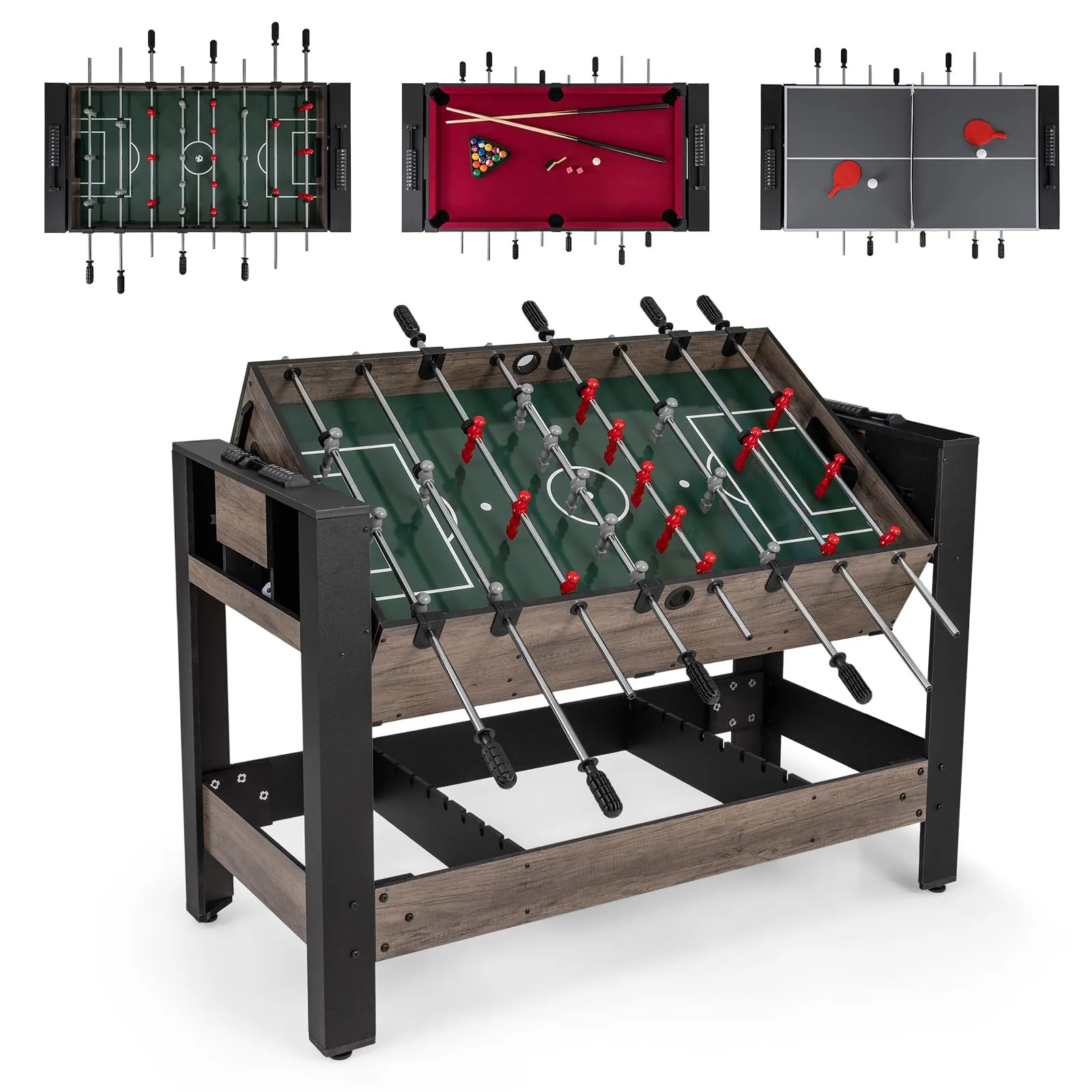 COSTWAY 3 in 1 Tavolo da Gioco Girevole, Calcio Balilla Biliardo e Ping Pong, Tavolo Arcade da Interno per Sala Giochi in Famiglia e Feste, 124x60,5x84 cm