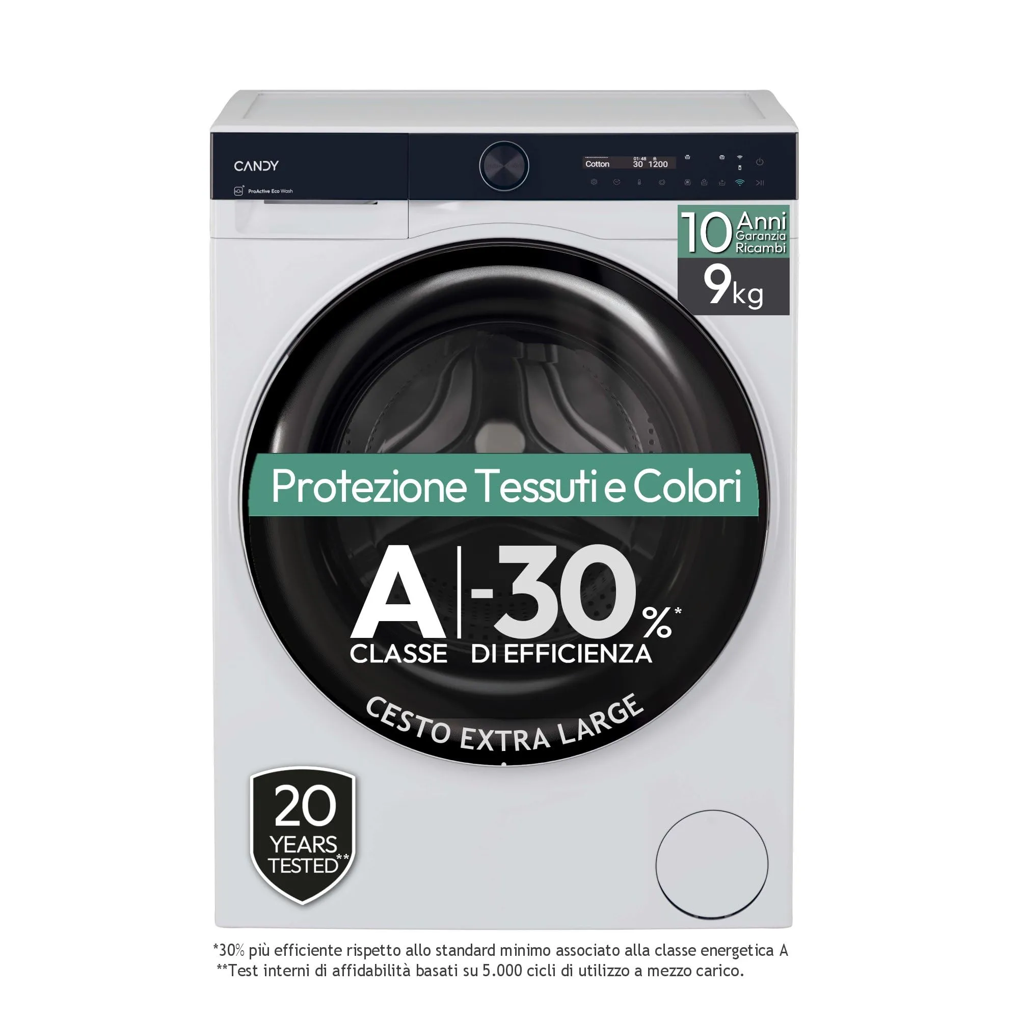 Candy ProWash 700 Lavatrice 9 Kg, Libera Installazione, Carica Frontale, Classe A-30%, 1400 Giri, 16 Programmi, Connessa, Funzione Partenza ritardata, AxLxP 85x60x58 cm, Bianca - BS 49B9-S