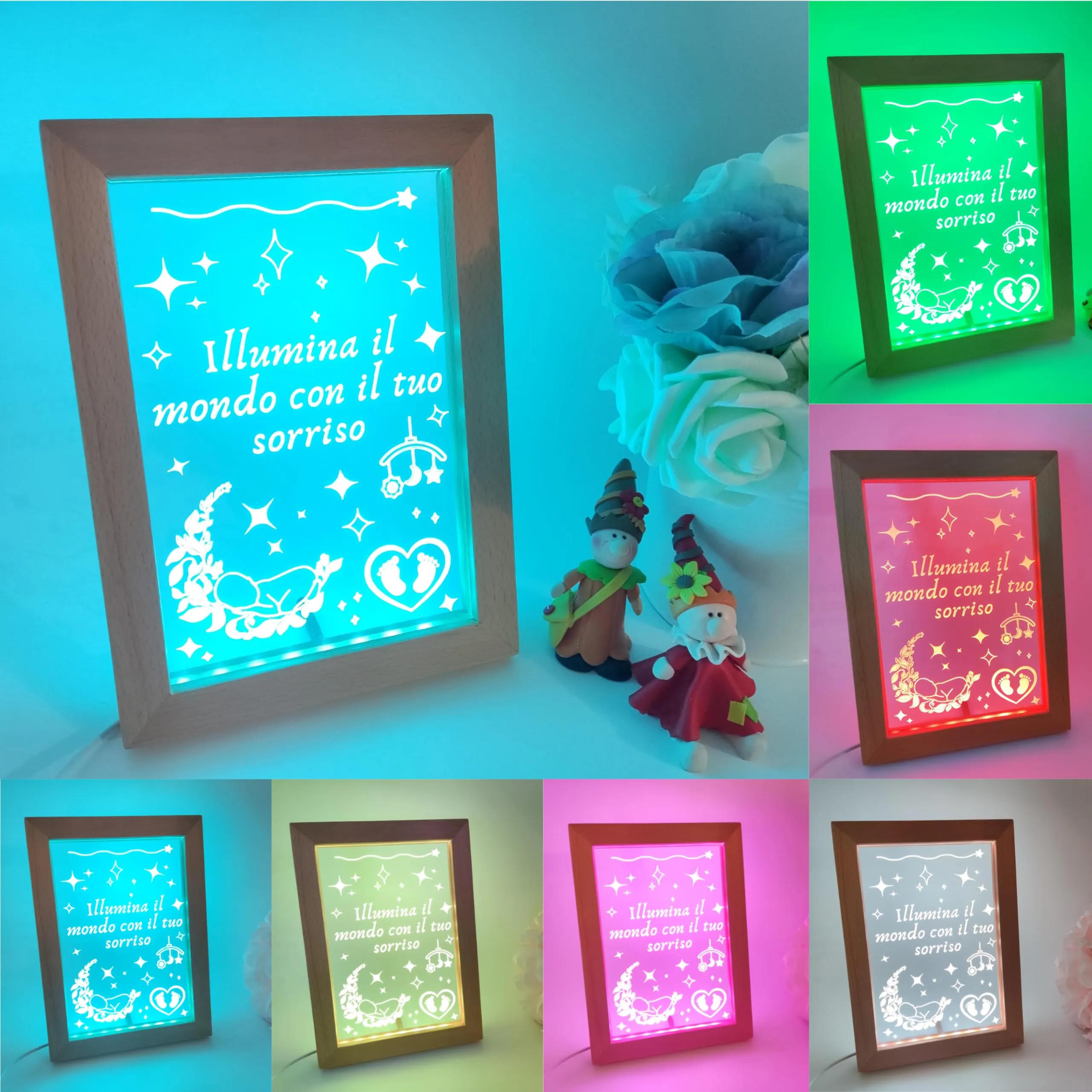 NM Idee Regalo per Nascita bambino Luce notturna camera neonato Lampada LED 7 colori con luce regolabile per la cameretta dei bambini Regali di Natale o Battesimo Bimbo Maschio e Femmina