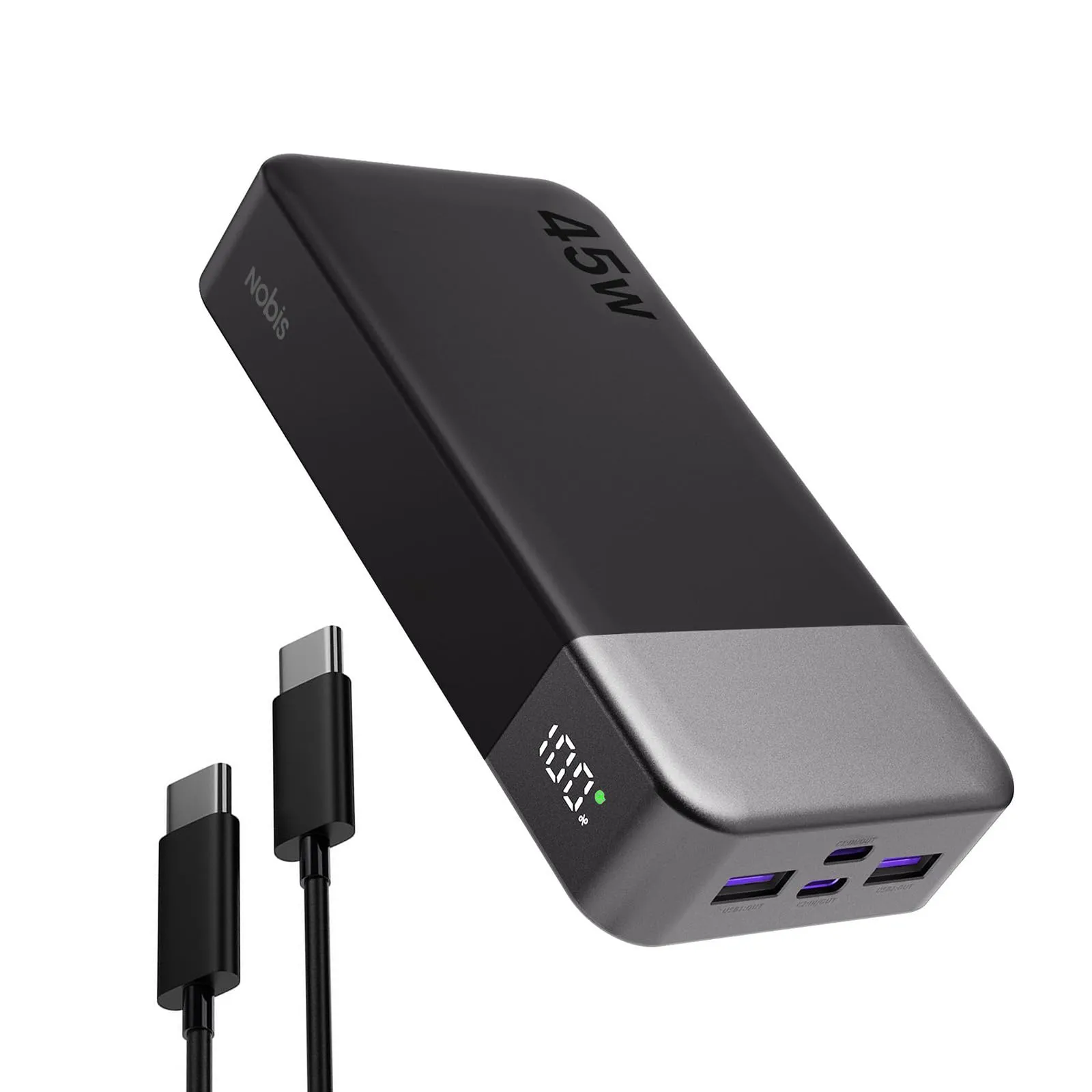 Nobis Power Bank, 20000mAh Caricabatterie portatile, 45W USB C in & Out Ricarica Rapida, 4 Porte Batteria Esterna con Display Digitale a LED, Compatibile con MacBook, iPhone 15 S23 (Nero)