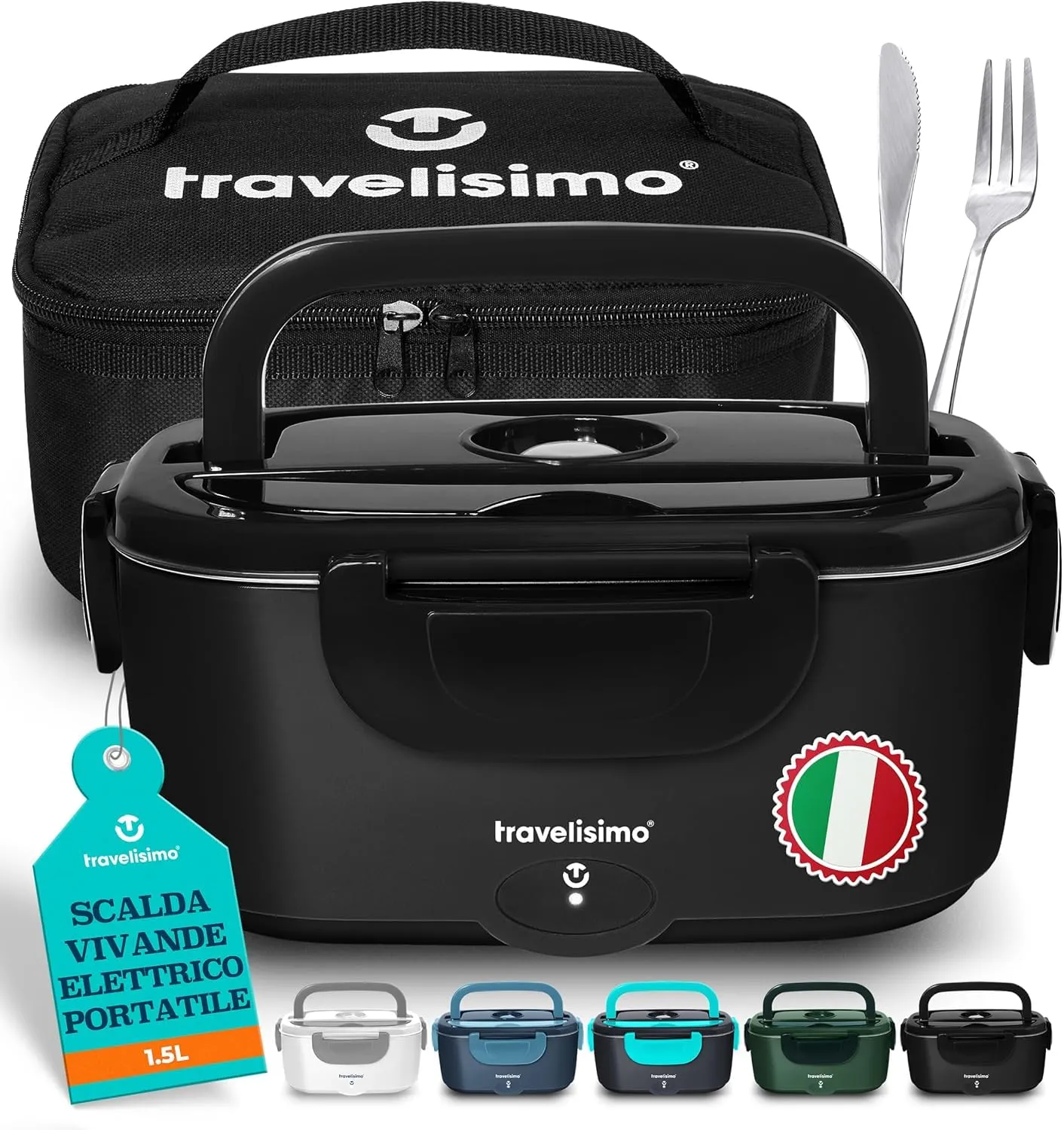 TRAVELISIMO Scaldavivande Elettrico Portatile, 80W Acciaio Inox Portapranzo Termico per Alimenti, 1,5L 12V/24V/220V Scalda Vivande Portatile Elettrico per Auto Camion e Ufficio