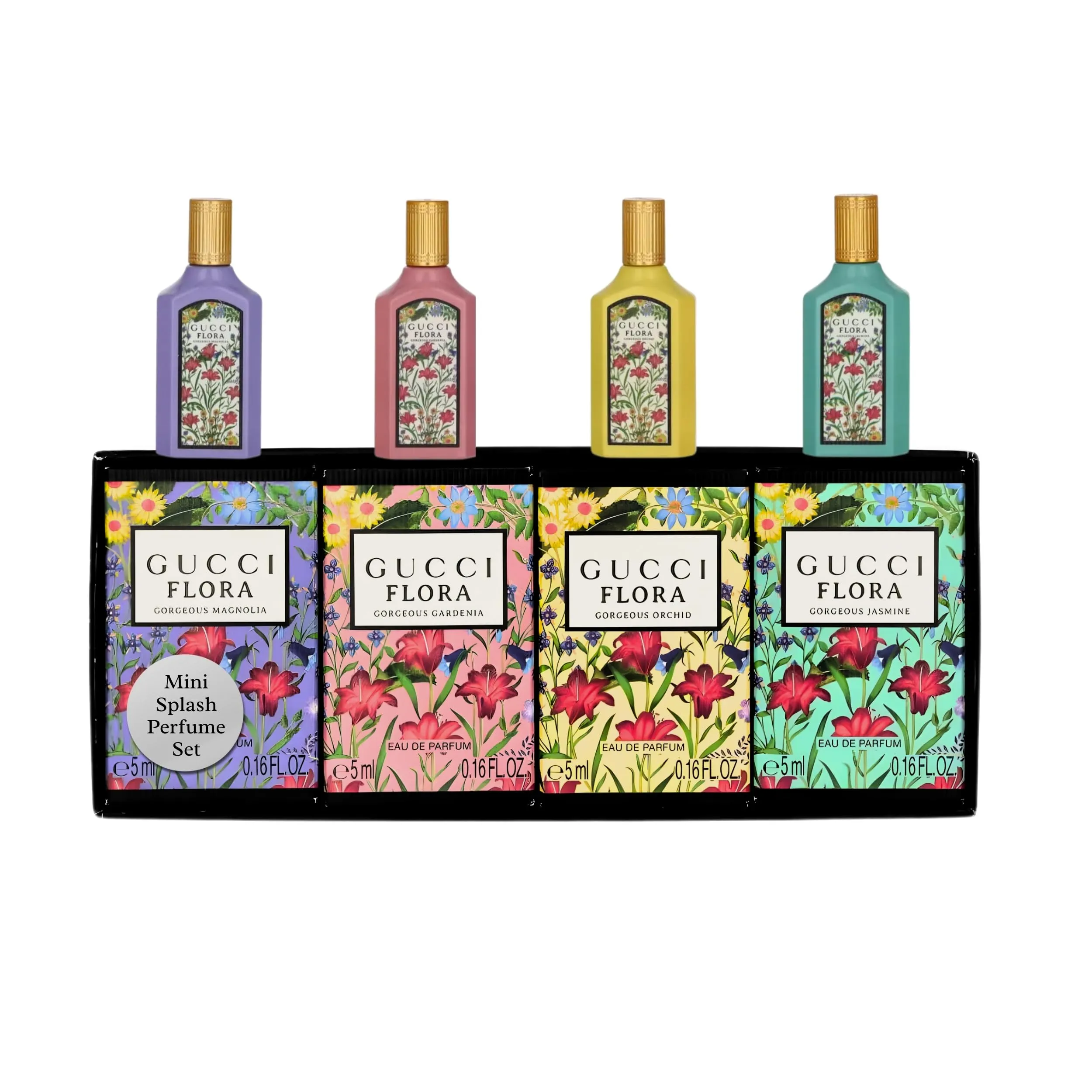 Gucci Profumo per Donna Varietà Set Regalo da Viaggio 4 Pezzi Mini Splash | Gorgeous Magnolia + Gorgeous Gardenia + Gorgeous Orchid + Gorgeous Jasmine
