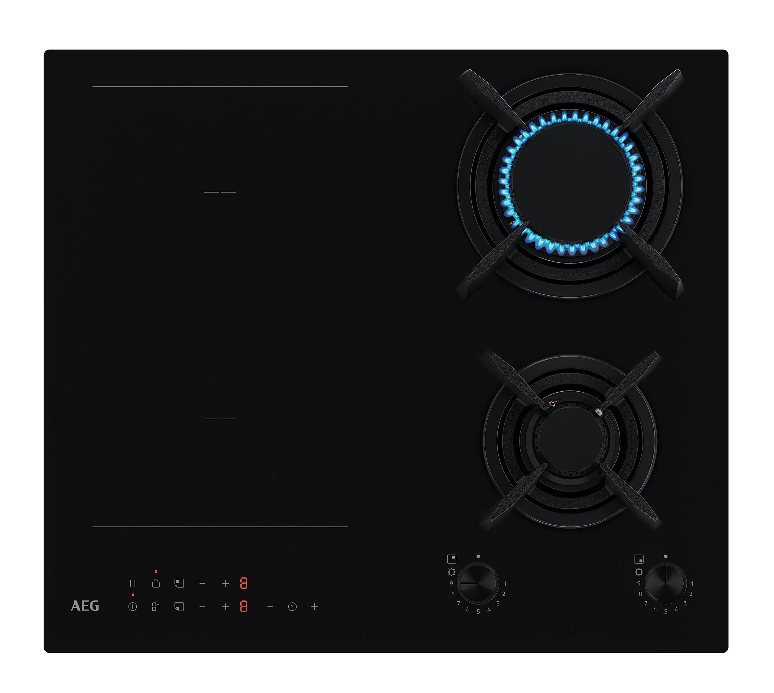 AEG Serie 8000 Piano Cottura Misto Gas & Induzione 4 Fuochi da Incasso HF704163NB, 60 cm Funzione Bridge, Fiamma StepPower, 590x520 mm, Griglia in Ghisa, Nero