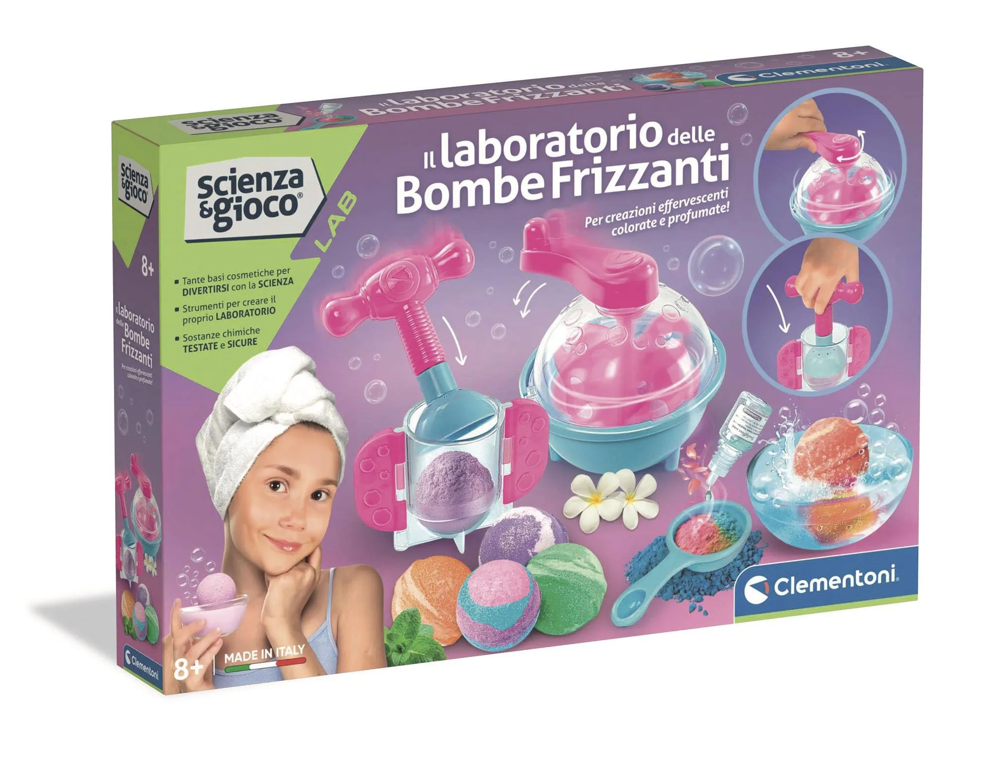 Clementoni Scienza e Gioco - Il Laboratorio delle bombe Frizzanti, Set Creazioni Effervescenti, Colorate e Profumate, Bambine 8+ Anni, Crea Bombe da Bagno Colorate e Profumate, Lingua Italiana, 19437