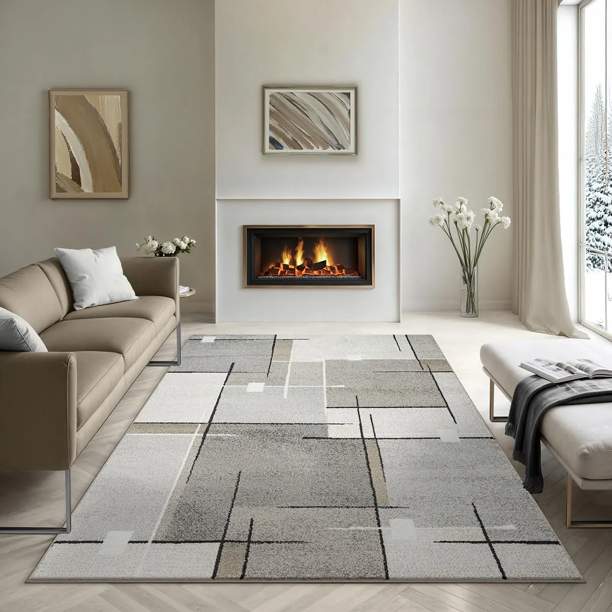 the carpet Pearl - Tappeto moderno a pelo corto, per soggiorno e camera da letto, motivo geometrico, a quadri, 140 x 200 cm, colore beige