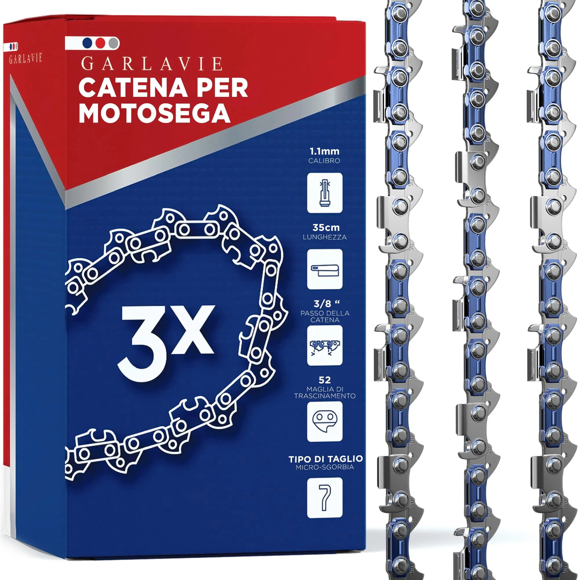 Garlavie Set di 3 Catenas per motosega 35cm - 3/8" LP Passo - 1.1mm - 52 Maglie motrici - Catena motosega compatibile con molti marchi di motoseghe