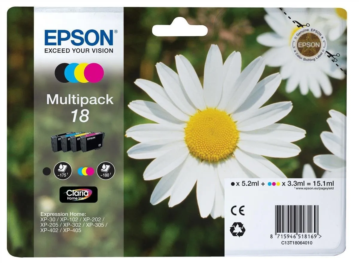 Epson Serie 18 Margherita - Cartucce originali Claria Home per Stampante Inkjet, Multipack 4 Colori Formato STD, Stampe Casa/Ufficio fino 180 pagine a colori/175 black, Confezione Retail