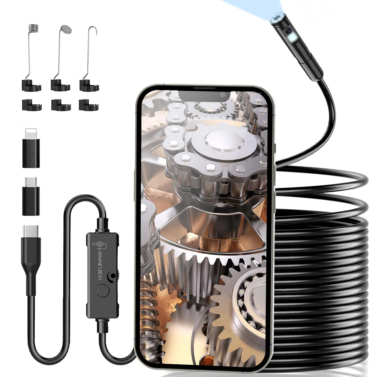 Ennovor Endoscopio per Smartphone Doppie Testa 1920P HD, Sonda Telecamera Impermeabile IP67 con 8+1 LED, Telecamera Endoscopica con Cavo Semirigido da 10 m, Compatibile con Android e iOS senza WiFi