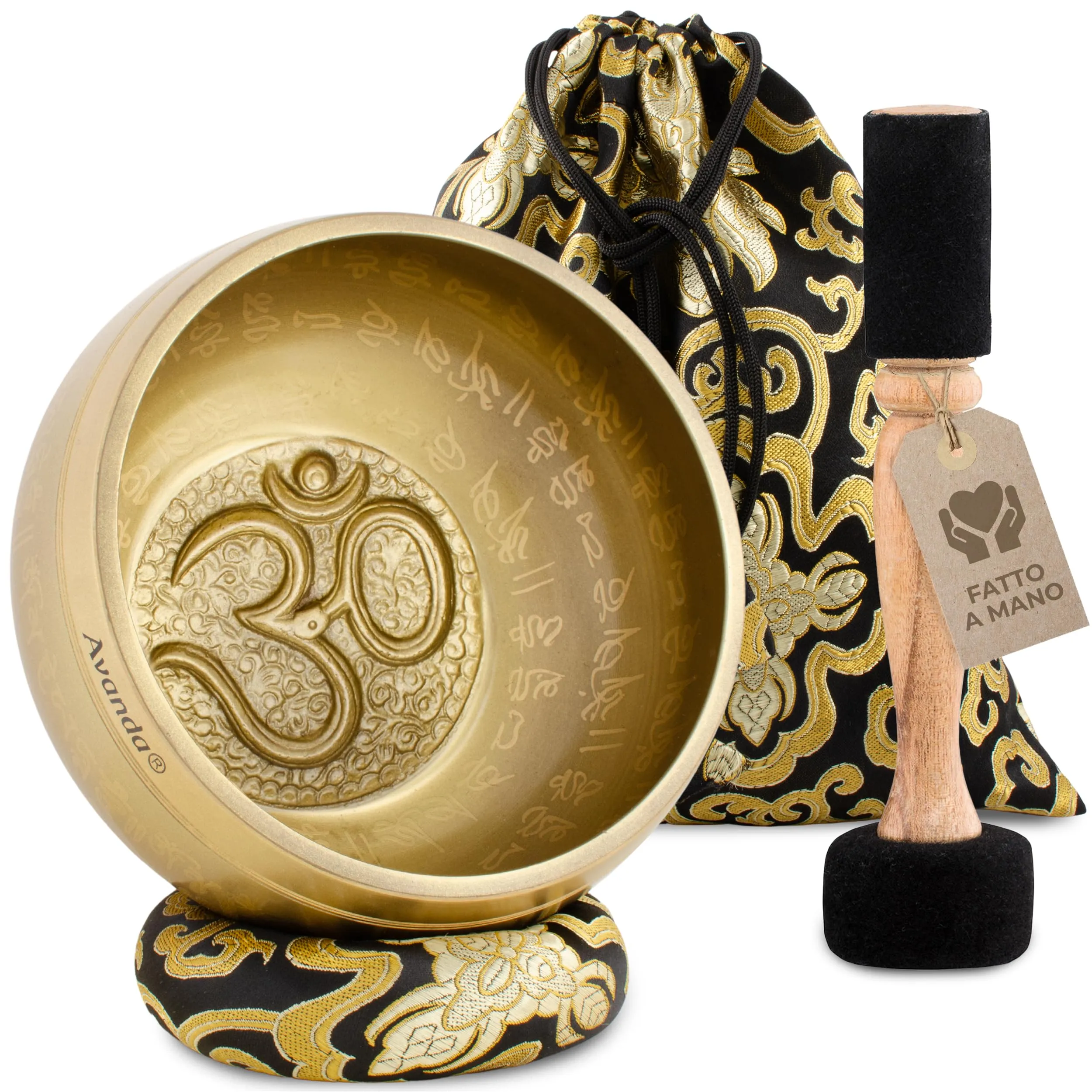 Set Campane Tibetane Om per Yoga, Meditazione e Relax - Campana Tibetana Dipinta a Mano Ø 16 cm, Doppio Battitore con Feltro e Pelle, Cuscino per Anelli, Borsa e Istruzioni