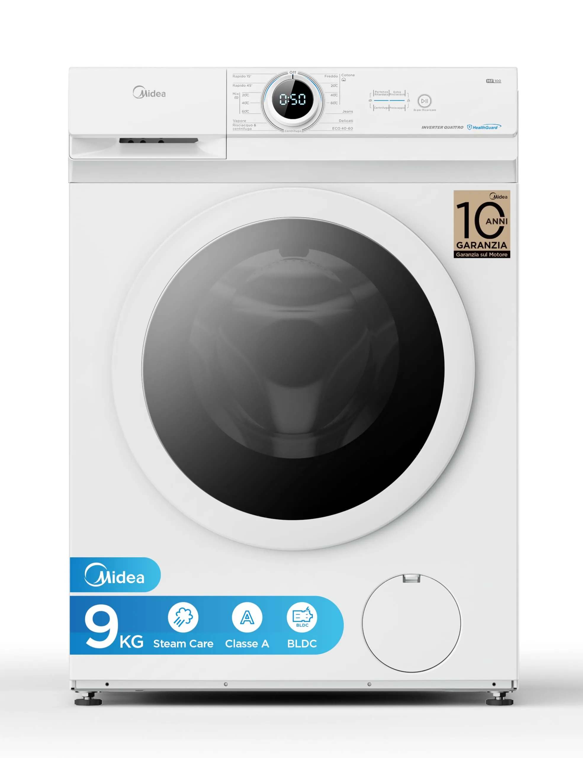 Midea MF10EW90B Lavatrice Slim Carica Frontale, 9 kg, 1400 Giri, Classe A, Vapore, Motore BLDC, Programma Rapido, Varie Temperature dell'Acqua, White