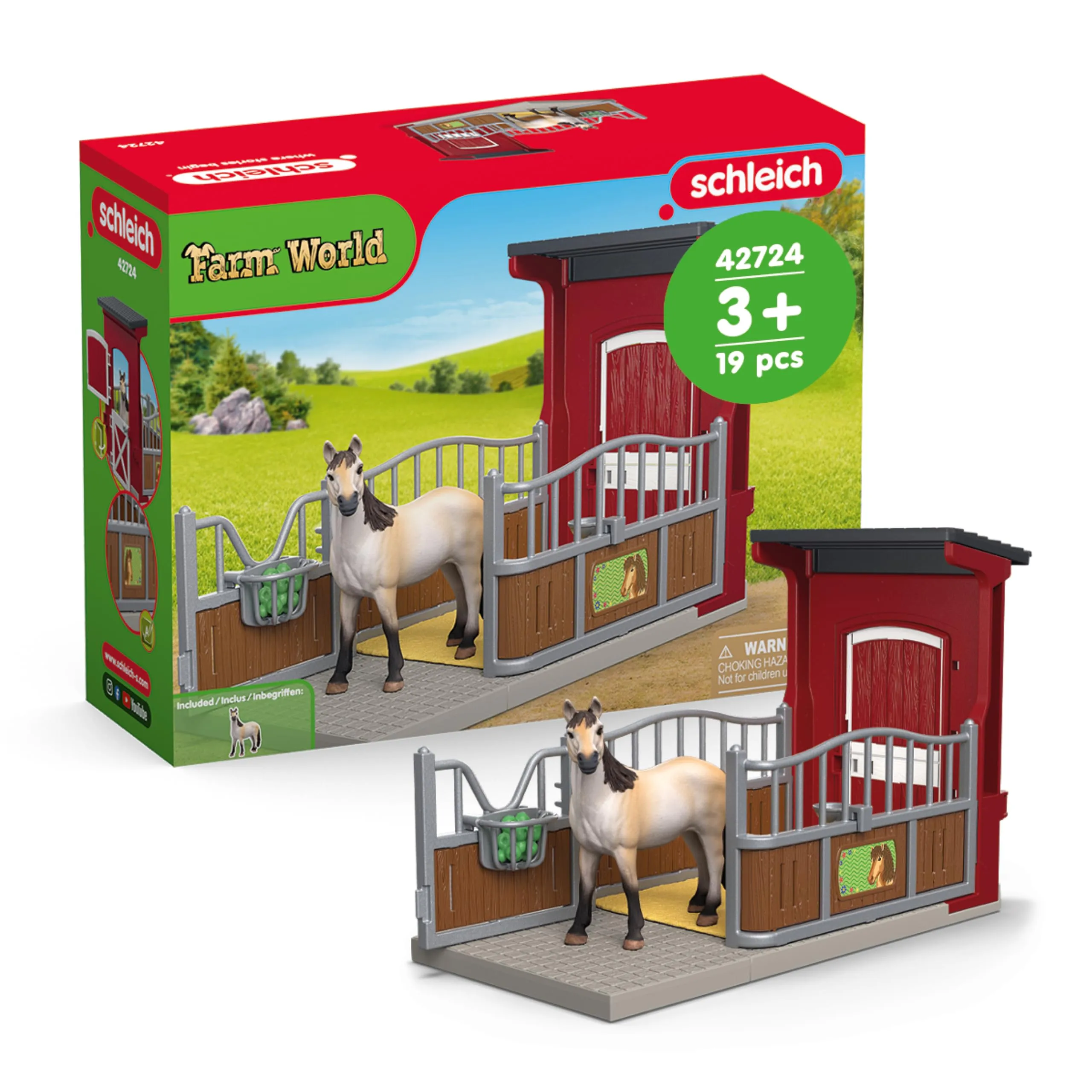 SCHLEICH 42724 Box para ponis con yegua Mustang, da 3 Anni, Farm World - playset, 19 Pezzi