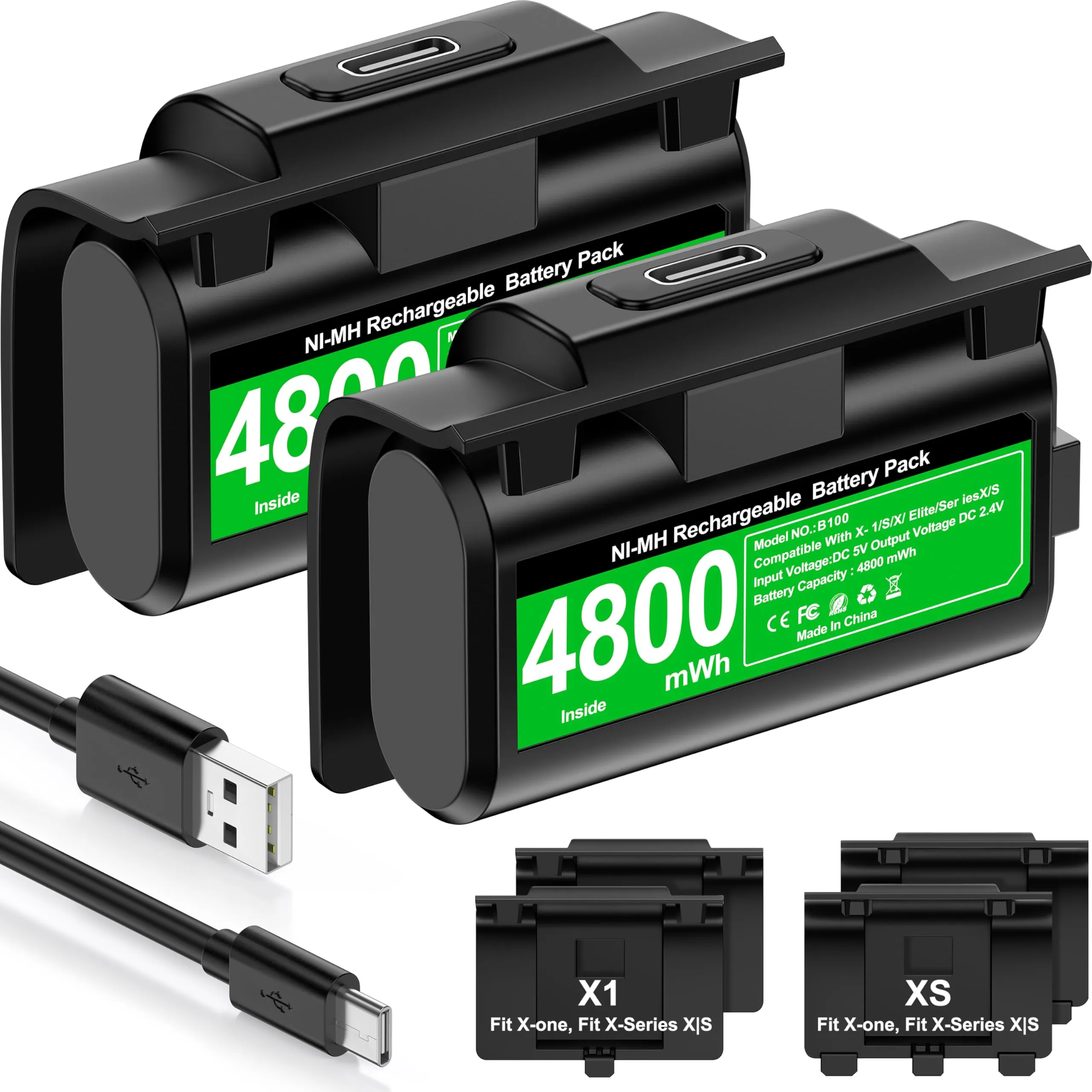 HELLCOOL Batteria per Xbox Controller,2x3600mWh Batteria Ricaricabile per Xbox con Indicatore LED/4 Copribatterie/Tipo-C,Kit Gioca e Carica per Xbox One/S/X/Elite,Xbox Series S/X Controller