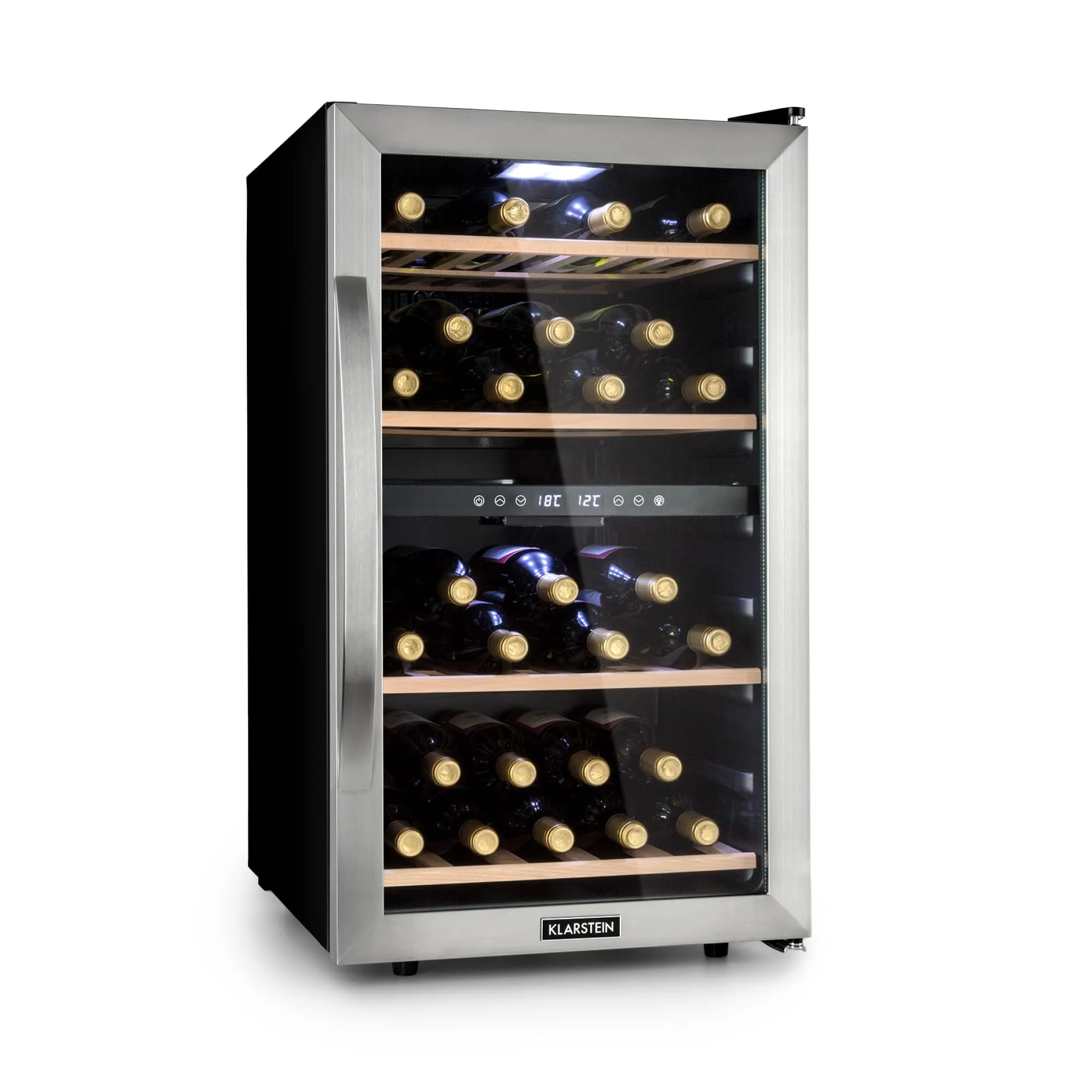 KLARSTEIN Cantinetta Vino, Cantinetta Vino Refrigerata a Zona Doppia per Interno/Esterni, Frigo Bar, Cantina Vino con Vetrina, Mini Bar con Protezione UV, Frigo Vino Touch, 5-18°C, 45 Bottiglie
