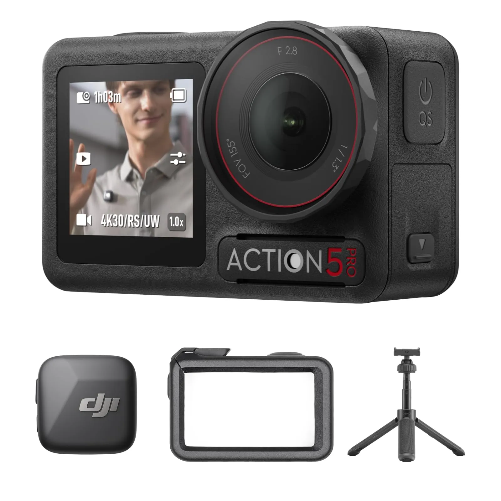 DJI Osmo Action 5 Pro Combo Standard + Mini manico telescopico + Trasmettitore Mic Mini (Nero infinity), Fotocamera impermeabile con sensore 1/1.3", video 4K/120fps, Tracciamento del soggetto