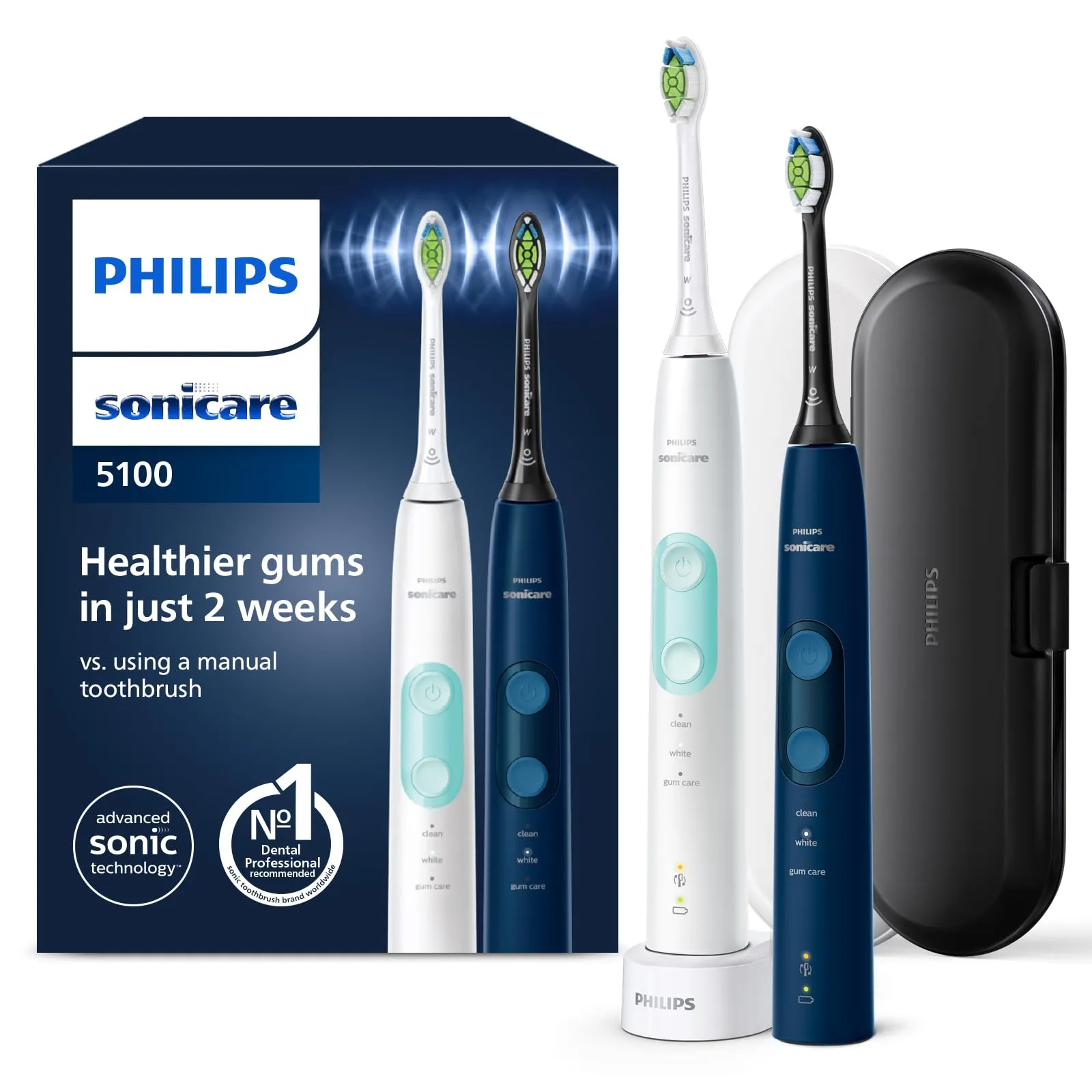 Philips Sonicare ProtectiveClean 5100 spazzolino elettrico, spazzolino sonico con 3 modalità di spazzolamento, sensore di pressione, timer e custodia da viaggio, bianco e blu, HX6851/34